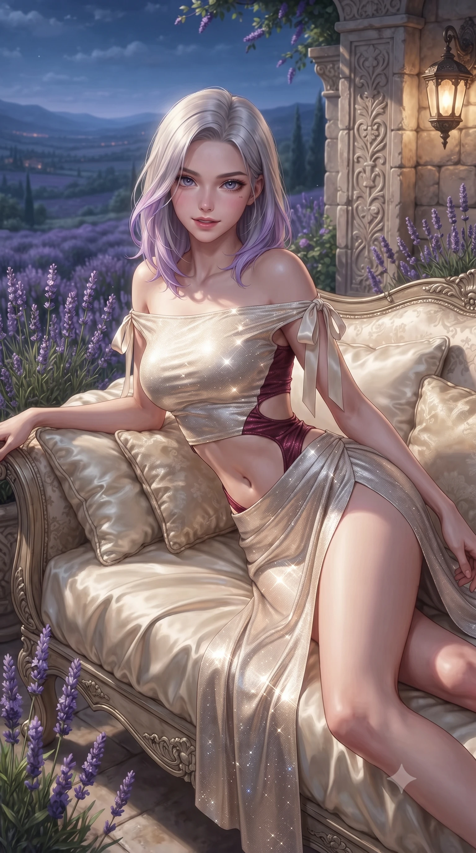 score_9, masterpiece, best quality, ultra-detailed, high-budget anime keyframe, editorial fashion photography, tasteful artistic composition, Caucasian woman. close-up cowboy shot from the waist and thighs up, the character dominates the composition, filling the frame with her large presence. leaning forward while arching her lower back to accentuate her curvy hips, looking into the camera with an intoxicating smoldering gaze and bedroom-eyes while reclining gracefully across the plush daybed with legs extended, flashing an enchanting, flirtatious smile toward the lens. The surrounding environment is rendered in vivid detail and crisp panoramic clarity: sharp weathered limestone masonry relief, hand-carved stone baluster curves, and individual lavender blossom spikes in deep focus. She has an exceptionally elegant, slender, and willowy female figure with an ultra-slim waist, flat toned midriff, narrow ribcage, and sculpted feminine hips creating an alluring, slim hourglass silhouette without bulk. sharp v-shaped jawline, high-bridge nose, intricate jewel-like sparkling eyes with depth, thick eyelashes, glossy parted lips with a natural peach sheen, bright cheerful beaming smile with an enchanting and coquettish sensual glint, exuding both youthful cute charm and seductive allure, flawlessly proportioned anatomical accuracy, strict slender model proportions, natural body alignment, perfectly sculpted long slender limbs, ultra-slim waistline, clean dynamic posture without body distortion. wearing a provocative off-the-shoulder crop top with asymmetrical side-torso cutouts and a high-slit wrap skirt in Belvedere ivory pearl and Habsburg bordeaux wine, woven from stretch metallic lurex jersey casting radiant starlight glints across her curves, finished with satin ribbon ties at the shoulders fluttering in the gentle breeze, the precision-cut side openings and low-back scoop framing her graceful spine and the sensual sweep of her slim, toned hips. bathed in ethereal silver 4500K moonlight illuminating the lavender valley combined with warm 2400K stone wall lanterns. ultra-reflective glossy finish, specular highlights, rich textural contrasts, high-contrast stereoscopic depth, volumetric dynamic lighting, 2k, ultra detail, master piece, 9:16 ratio