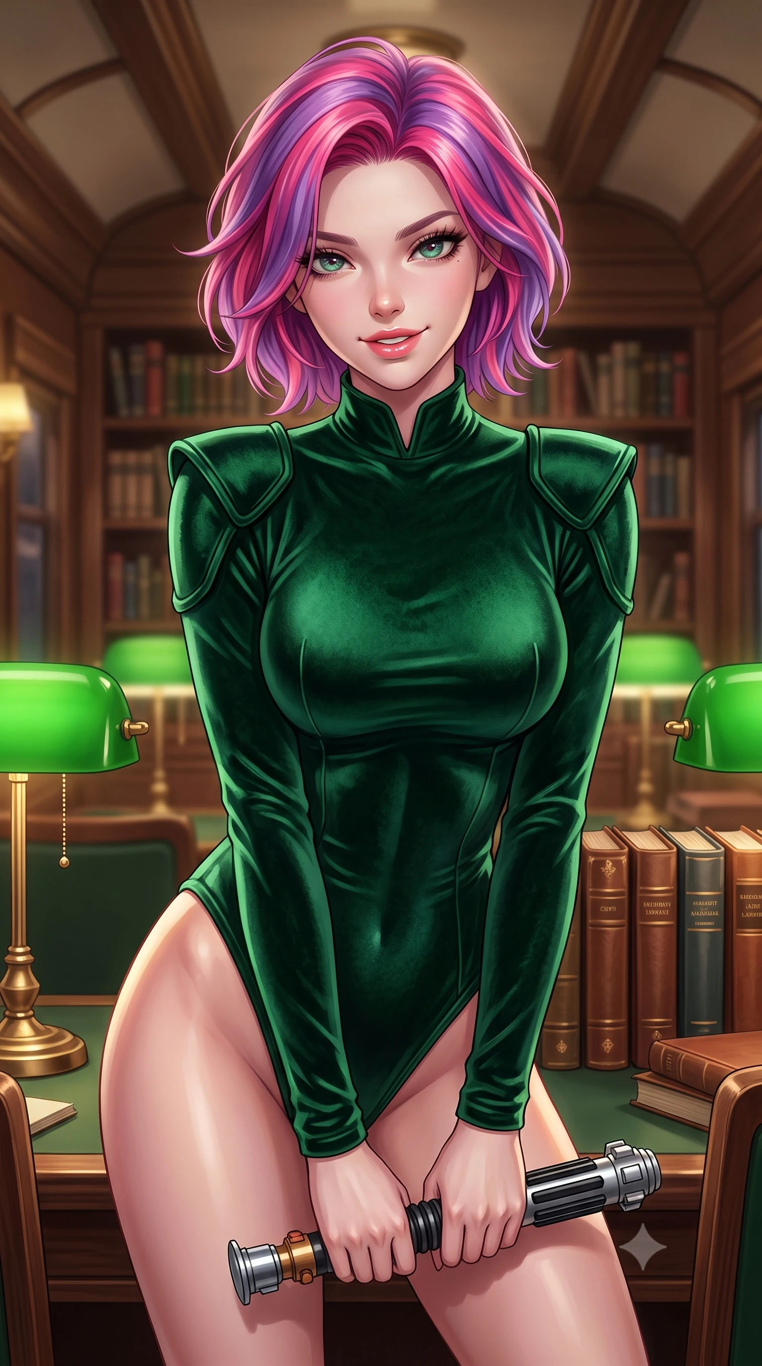 score_9, masterpiece, best quality, ultra-detailed, high-budget anime keyframe, editorial fashion photography, tasteful artistic composition, Caucasian woman. close-up cowboy shot from the waist and thighs up, the character dominates the composition, filling the frame with her large presence, background elements kept in soft focus. leaning slightly forward with a playful, teasing smile while holding a deactivated plasma saber hilt, the background shows a soft-focus a train library car with wood-lined shelves and green reading lamps. She has an exceptionally elegant, slender, and willowy female figure with an ultra-slim waist, a gracefully sculpted slender torso, and a refined silhouette. sharp v-shaped jawline, high-bridge nose, intricate jewel-like eyes with depth, thick eyelashes, glossy lips with a natural sheen. wearing a body-hugging form-contouring deep emerald green velvet bodysuit with a high mock-neck collar and structured shoulder guards. soft warm glow from reading lamps creating a quiet, focused mood. highly saturated vibrant anime colors, detailed shading with soft gradients, rich glossy textures, high-contrast stereoscopic depth, volumetric dynamic lighting, master piece, 9:16 ratio