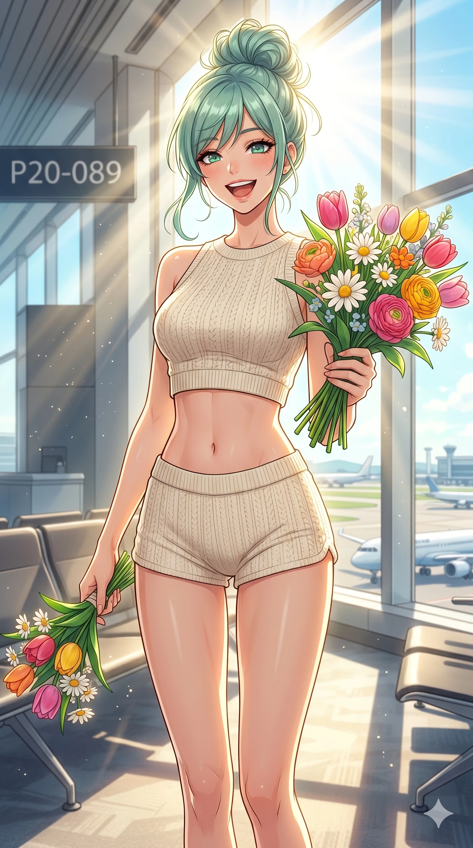 score_9, masterpiece, best quality, ultra-detailed, high-budget anime keyframe, vibrant anime aesthetic, Japanese woman. cowboy shot from the thighs up, character and outfit filling the frame for maximum presence. She is posing with a cheerful laugh while holding a colorful spring bouquet inside a premium airport lounge with runway views (Code-P20-089). She has an absolutely perfect 8-heads proportion, an exceptionally tall and slender female figure with impossibly long slender legs and an ultra-slim waist. V-shaped jawline, high-bridge nose, intricate jewel-like eyes with depth, thick eyelashes, glossy lips with a natural sheen. wearing a crop top showing her bare midriff and micro-shorts in knit. She is drenched in brilliant midday sunbeams, casting a radiant halo around her hair. 2k, ultra detail, master piece, 9:16 ratio
