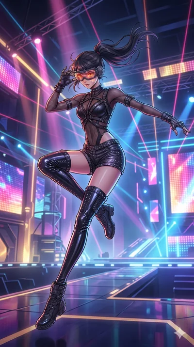 score_9, masterpiece, best quality, ultra-detailed, high-budget anime movie keyframe, cinematic anime lighting, intricate line art, Korean woman. Mid-air action shot capturing a graceful twist and vertical silhouette. adjusting her tactical goggles a