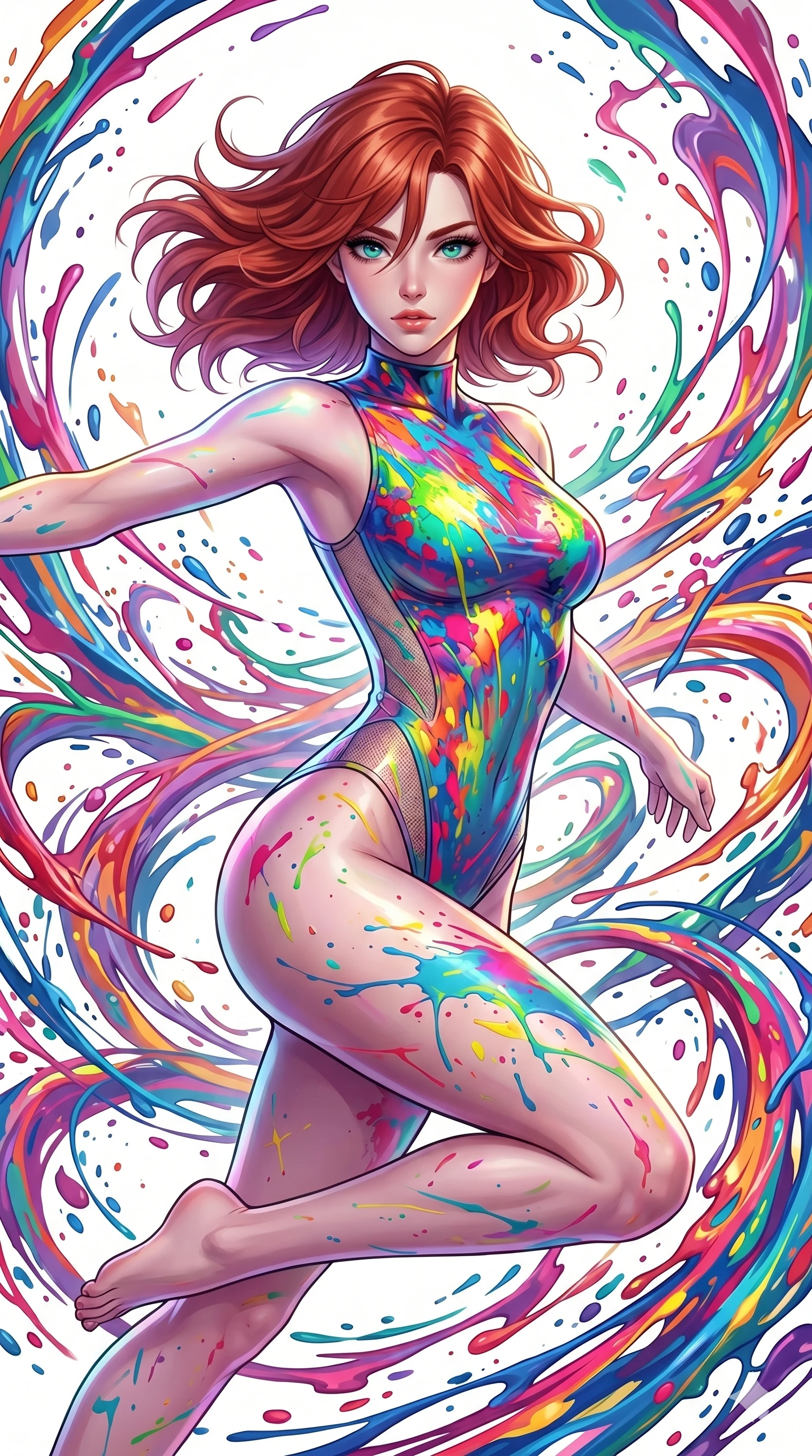 score_9, masterpiece, best quality, ultra-detailed, high-budget anime keyframe, Caucasian woman, strictly human ears. upper body close-up from the thighs up, character filling the screen for maximum presence. leaping into a vorticist paint splatter dimension where thousands of vivid acrylic paint ribbons and splatters swirl around her in a white gallery void. She has an absolutely perfect 8-heads proportion, an exceptionally tall and slender female figure with impossibly long slender legs and an ultra-slim waist. V-shaped jawline, high-bridge nose, intricate jewel-like eyes with depth, thick eyelashes, glossy lips with a natural sheen.. wearing a liquid acrylic splash bodysuit, featuring a skin-tight bodysuit that looks like vivid fluorescent acrylic paint splattered and dried, with sheer mesh side panels. enhanced by a luminous pastel spectrum glow, casting elegant rim lights on her shoulders and jawline. 2k, ultra detail, master piece, 9:16 ratio