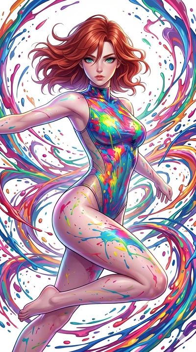 score_9, masterpiece, best quality, ultra-detailed, high-budget anime keyframe, Caucasian woman, strictly human ears. upper body close-up from the thighs up, character filling the screen for maximum presence. leaping into a vorticist paint splatter d