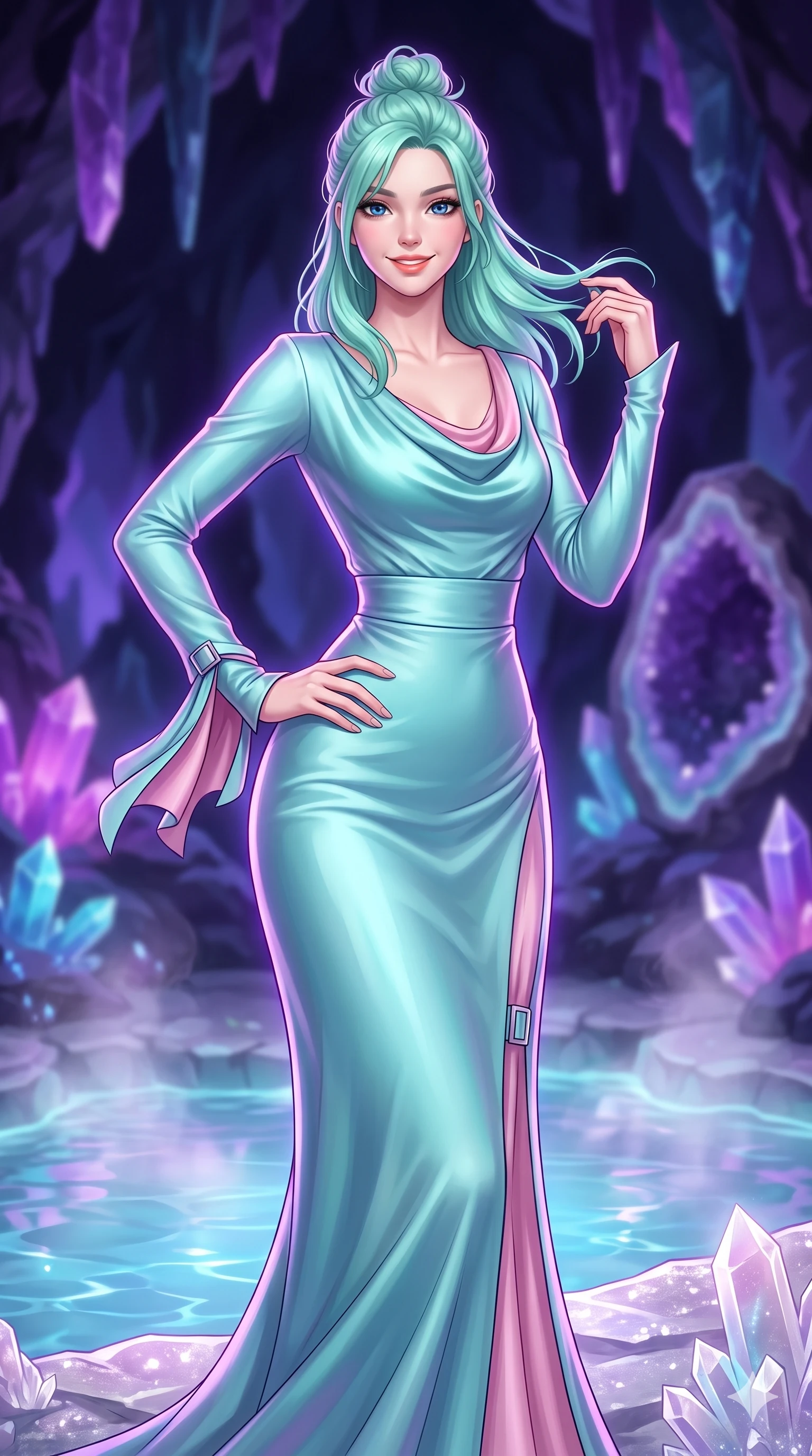 score_9, masterpiece, best quality, ultra-detailed, high-budget anime keyframe, semi-realistic 3D game render, editorial fashion photography, tasteful artistic composition, Japanese woman. close-up cowboy shot from the waist and thighs up, the character dominates the composition, filling the frame with her large presence. twisting her slender torso in an alluring contrapposto stance, one hand resting on her sculpted hip while her fingers toy with her hair with effortless poise while standing poised on the sparkling quartz crystal ledge above the glowing geode pool, arching her back with breathtaking anime heroine charisma as neon ultraviolet crystal facets shimmer. The background shows a soft-focus warm geode steam softened in subterranean crystal sanctuary shallow focus. She has an exceptionally elegant, slender, and willowy female figure with an ultra-slim waist, flat toned midriff, narrow ribcage, and sculpted feminine hips creating an alluring, slim hourglass silhouette without bulk. sharp v-shaped jawline, high-bridge nose, intricate jewel-like sparkling eyes with depth, thick eyelashes, glossy parted lips with a natural peach sheen, bright cheerful beaming smile with an enchanting and coquettish sensual glint, exuding both youthful cute charm and seductive allure, flawlessly proportioned anatomical accuracy, strict slender model proportions, natural body alignment, perfectly sculpted long slender limbs, ultra-slim waistline, clean dynamic posture without body distortion. wearing a refined long-sleeve cowl-neck satin evening gown with modest draped neckline and tailored waistline in subterranean lagoon turquoise and lotus blossom pink, crafted from bespoke double-faced cashmere with an exceptionally soft tactile finish, finished with sleek magnetic buckle closures fluttering in the breeze, the impeccably tailored cut draping gracefully along her slender figure with aristocratic poise. illuminated by pool surface reflection bounce and sharp neon-violet rim lights sculpting her jawline, narrow waist, and curvy hips. highly saturated vibrant anime colors, detailed shading with soft gradients, rich glossy textures, high-contrast stereoscopic depth, volumetric dynamic lighting, master piece, 9:16 ratio