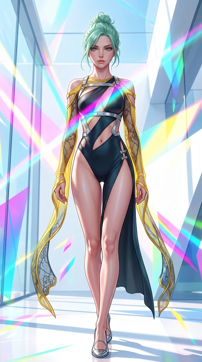 score_9, masterpiece, best quality, ultra-detailed, high-budget anime keyframe, semi-realistic 3D game render, editorial fashion photography, tasteful artistic composition, Japanese woman. low angle full-body shot from head to toe showing her feet, f