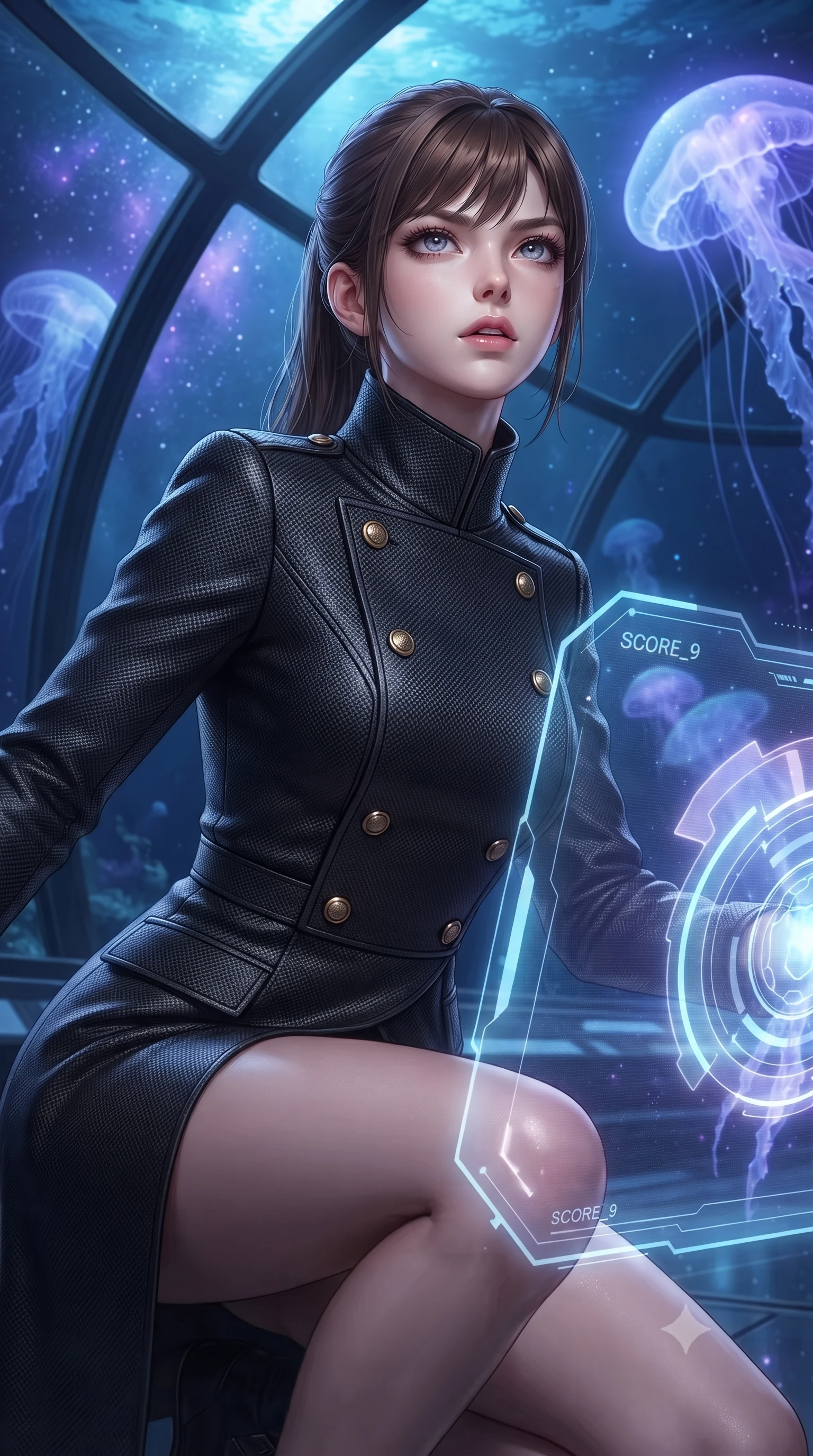score_9, masterpiece, best quality, ultra-detailed, high-budget anime keyframe, editorial fashion photography, tasteful artistic composition, Korean woman. close-up cowboy shot from the waist and thighs up, the character dominates the composition, filling the frame with her large presence, background elements kept in soft focus. crouching slightly behind a glowing holographic shield emitter, looking up with defiance and lips slightly parted, the background shows a soft-focus a deep-sea observatory lounge with curved glass walls showing giant jellyfish. She has an exceptionally elegant, slender, and willowy female figure with an ultra-slim waist, a gracefully sculpted slender torso, and a refined silhouette. sharp v-shaped jawline, high-bridge nose, intricate jewel-like eyes with depth, thick eyelashes, glossy lips with a natural sheen. wearing a slim-fit tailored carbon-weave military dress coat with double-breasted brass buttons and a stiff high-collar wrap. cool indigo and violet starlight from bioluminescent jellyfish drifting outside. ultra-reflective glossy finish, specular highlights, metallic sheen, high-contrast stereoscopic depth, volumetric dynamic lighting, 2k, ultra detail, master piece, 9:16 ratio