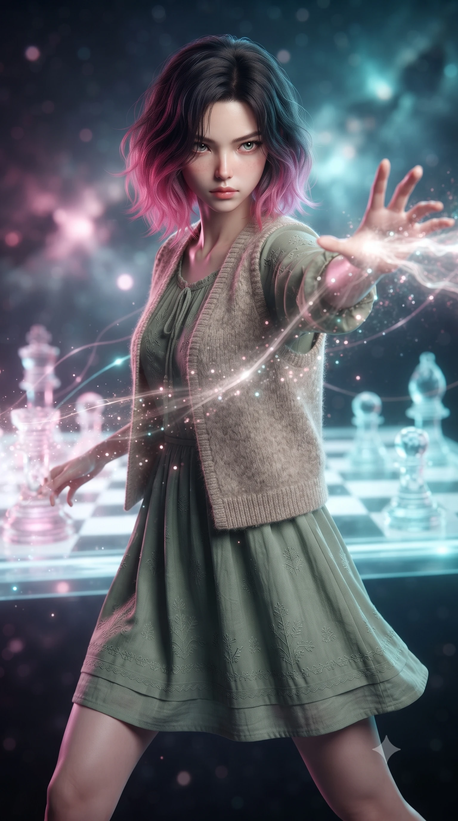 score_9, masterpiece, best quality, ultra-detailed, high-budget anime keyframe, editorial fashion photography, tasteful artistic composition, realistic cosplay photography, Korean woman. close-up cowboy shot from the waist and thighs up, the character dominates the composition, filling the frame with her large presence, background elements kept in soft focus. Unleashing a wave of force with an outstretched hand, her gaze locked on the target. set against a soft-focus background of a giant glowing chess board floating in space, with massive translucent chess pieces moving in response to energy lines. She has an exceptionally elegant and slender, willowy female figure with an ultra-slim waist, a gracefully sculpted slender torso, and a refined slim physique. sharp v-shaped jawline, high-bridge nose, intricate jewel-like eyes with depth, thick eyelashes, glossy lips with a natural sheen. wearing catching and diffusing the glowing particles, shimmering softly in response to the surrounding light, a slim-fit bohemian peasant-style cotton dress in sage green, layered with a cozy oatmeal wool-blend vest. starlight and nebula glow casting soft cosmic pink and cyan highlights on her form. ultra-reflective glossy finish, specular highlights, metallic sheen, high-contrast stereoscopic depth, volumetric dynamic lighting, 2k, ultra detail, master piece, 9:16 ratio