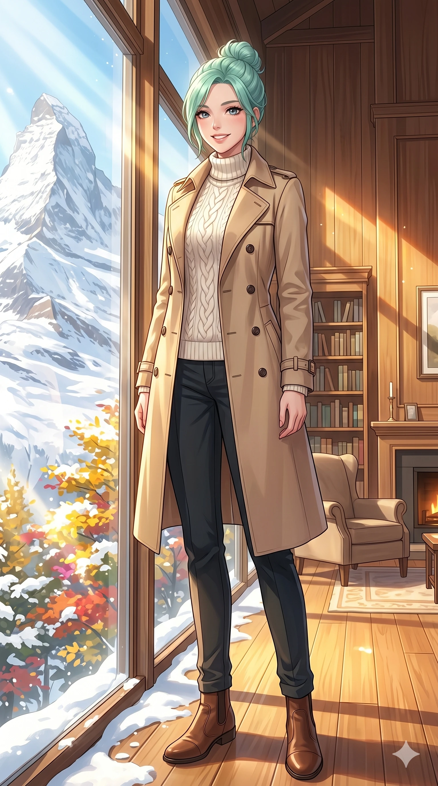 score_9, masterpiece, best quality, ultra-detailed, high-budget anime keyframe, vibrant anime aesthetic, Japanese woman. low angle full-body shot from head to toe showing her feet, filling the entire 9:16 vertical frame with her statuesque presence, stretching her vertical silhouette. She is standing proud and tall in the snow, her face lit by a warm, lively smile of confidence inside a bright mountain resort library with large windows facing a snow peak (Code-P21-021). She has an absolutely perfect 8-heads proportion, an exceptionally tall and slender female figure with impossibly long slender legs and an ultra-slim waist. V-shaped jawline, high-bridge nose, intricate jewel-like eyes with depth, thick eyelashes, glossy lips with a natural sheen. wearing a classic beige trench coat over a high-neck knit and trousers in winter. She is lit by bright sunbeams reflecting off autumn leaves, casting warm golden highlights. 2k, ultra detail, master piece, 9:16 ratio