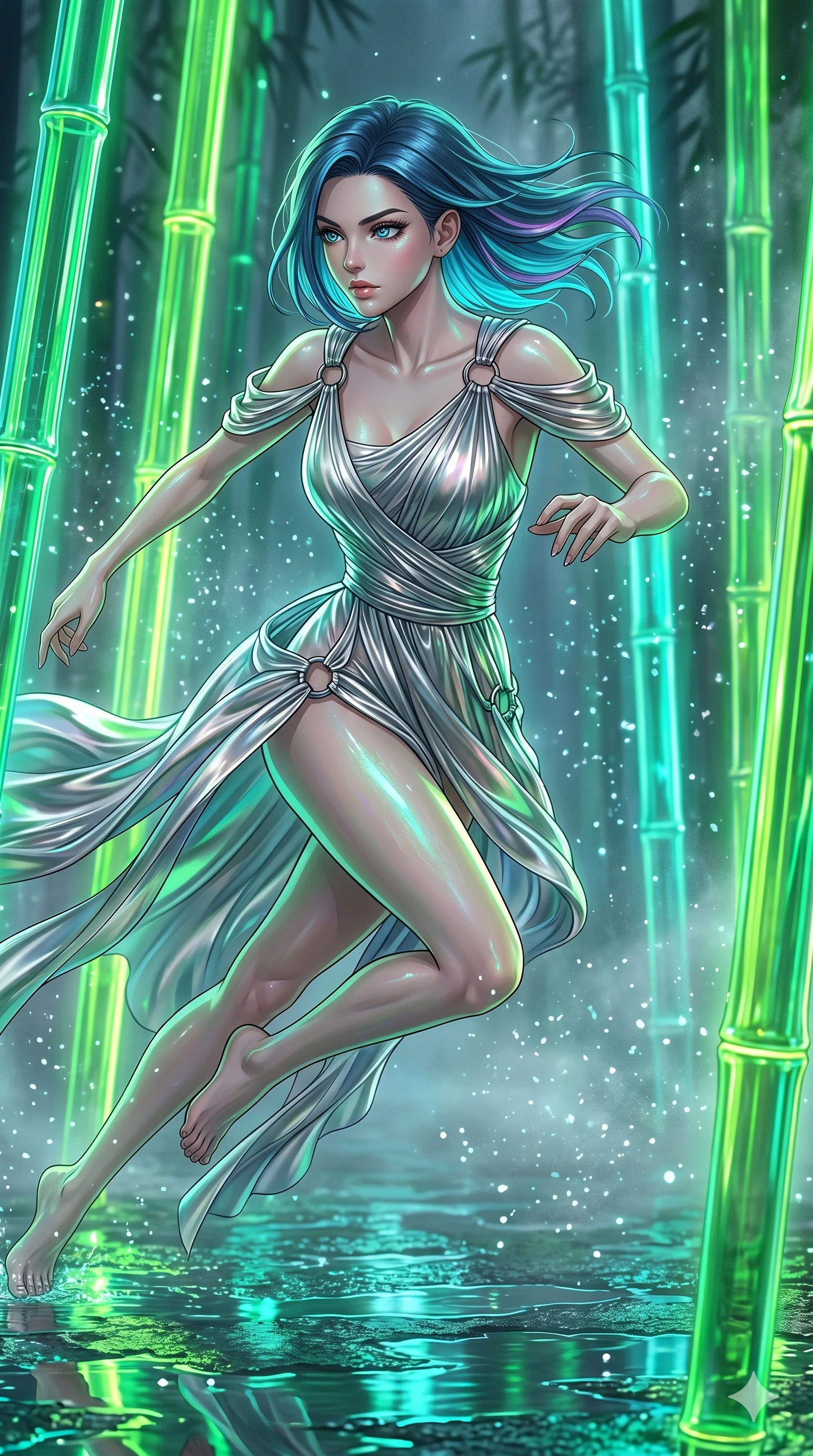score_9, masterpiece, best quality, ultra-detailed, high-budget anime keyframe, editorial fashion photography, tasteful artistic composition, Caucasian woman, strictly human ears. upper body close-up from the thighs up, character filling the screen for maximum presence. dashing past in a quiet bamboo grove where the stalks are glowing neon green tubes while thousands of shimmering crystal dust particles dance in the air. She has an absolutely perfect 8-heads proportion, an exceptionally tall and slender female figure with impossibly long slender legs and an ultra-slim waist. V-shaped jawline, high-bridge nose, intricate jewel-like eyes with depth, thick eyelashes, glossy lips with a natural sheen.. wearing a draped Grecian cyber-gown, featuring draped silver metallic chiffon held by metal ring hardware, displaying a elongated high-waist silhouette. illuminated by the brilliant neon reflections bouncing off wet surfaces, emphasizing her skin tone. 2k, ultra detail, master piece, 9:16 ratio