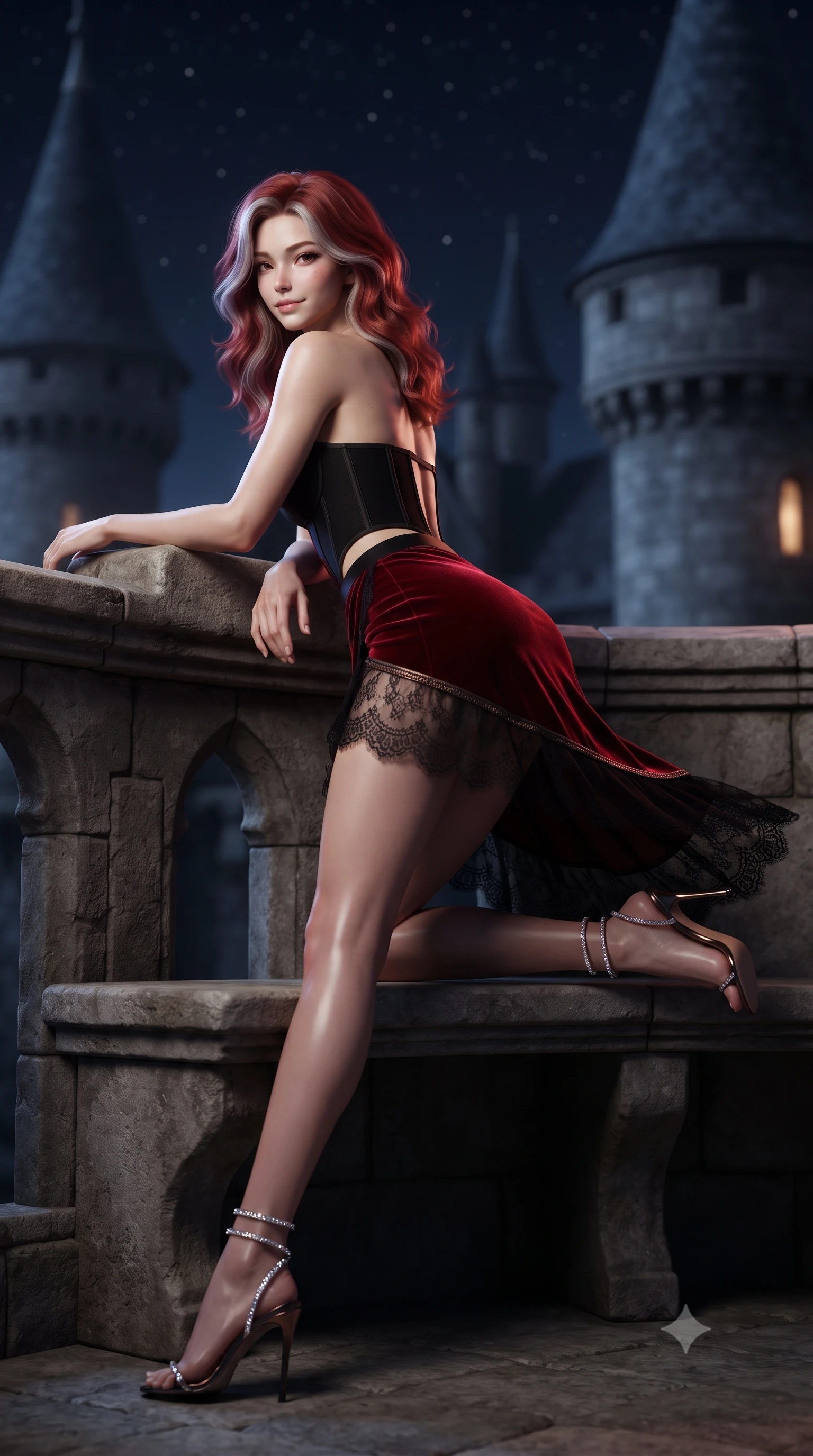 score_9, masterpiece, best quality, ultra-detailed, high-budget anime keyframe, editorial fashion photography, tasteful artistic composition, Caucasian woman. low angle full-body shot from head to toe showing her feet, filling the entire 9:16 vertical frame with her statuesque presence, stretching her vertical silhouette. executing a slow, graceful pivot turn as her skirt sways around her slender legs, glancing back with an enchanting, teasing sensual expression while lounging on the stone balcony bench propped on one elbow, her flat midriff and statuesque 8.5-heads build commanding the nocturnal abyss. The background shows a soft-focus castle stone turrets softened in mythical gothic shallow focus. She has an absolutely perfect, statuesque 8.5-heads proportion, an exceptionally tall and slender model-like female figure with impossibly long slender legs, an ultra-slim waist, a flat toned midriff, narrow delicate ribcage, and beautifully sculpted feminine hips creating a graceful, slim hourglass silhouette without any bulky heaviness. sharp v-shaped jawline, high-bridge nose, sparkling eyes with hypnotic seductive depth, thick curled eyelashes, glossy parted lips with a natural dewy peach sheen, alluring bedroom-eyes with an enchanting coquettish smile, exuding magnetic siren charisma and sophisticated glamour, flawlessly proportioned anatomical accuracy, strict slender model proportions, natural body alignment, perfectly sculpted long slender limbs, ultra-slim waistline, clean dynamic posture without body distortion. wearing a structured strapless boned neoprene bustier top paired with an ultra-short architectural wrap mini skirt in deep blood-red velvet and midnight obsidian black with antique bronze trims, made of delicate semi-sheer French Chantilly lace with intricate eyelash edges, complemented by strappy stiletto sandals with crystal ankle wraps accentuating her slender calves, the precision-cut side openings and low-back scoop framing her graceful spine and the sensual sweep of her slim, toned hips. illuminated by stone parapet reflection fill and sharp deep-crimson rim lights sculpting her jawline, flat midriff, and curvy hips. ultra-reflective glossy finish, specular highlights, rich textural contrasts, high-contrast stereoscopic depth, volumetric dynamic lighting, 2k, ultra detail, master piece, 9:16 ratio