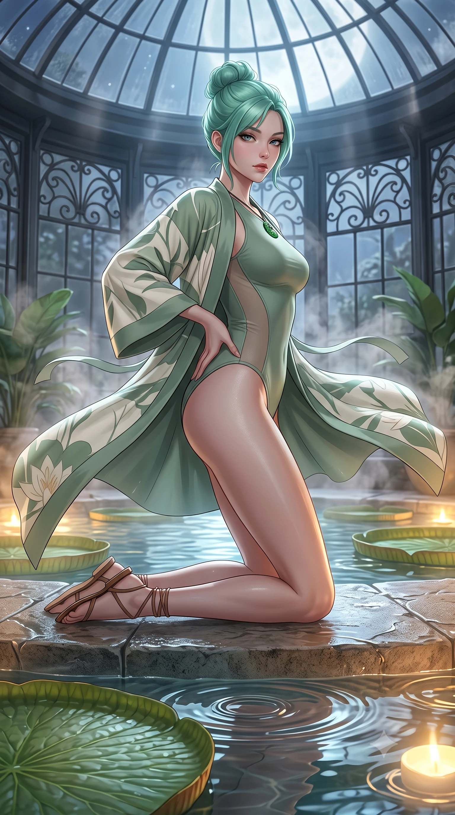 score_9, masterpiece, best quality, ultra-detailed, high-budget anime keyframe, semi-realistic 3D game render, editorial fashion photography, tasteful artistic composition, Japanese woman. low angle full-body shot from head to toe showing her feet, filling the entire 9:16 vertical frame with her statuesque presence, stretching her vertical silhouette. executing an elegant mid-motion pivot turn as garments swirl around her slender limbs, glancing over her shoulder with an intoxicating bedroom-gaze while kneeling gracefully on a wet stone pool step with one hand on her hip, thermal steam rising to caress her feminine curves. The surrounding environment is rendered in vivid detail and crisp panoramic clarity. sharp water surface tension rings, giant lily pad vein textures, and wrought-iron window frames in deep focus. She has an absolutely perfect, statuesque 8.5-heads proportion, an exceptionally tall and slender model-like female figure with impossibly long slender legs, a toned flat midriff, an ultra-slim waist, and beautifully sculpted feminine hips. sharp v-shaped jawline, high-bridge nose, intricate jewel-like eyes with depth, thick eyelashes, glossy parted lips with a natural sheen, intensely captivating and seductive bedroom-eyes expression, flawlessly proportioned anatomical accuracy, strict slender model proportions, natural body alignment, perfectly sculpted long slender limbs, ultra-slim waistline, clean dynamic posture without body distortion. wearing a second-skin sage-green compression bodysuit with sheer mesh side contours and an airy resort robe in fresh sage green and warm water-lily ivory, tailored from crisp structured cotton poplin with organic botanical dye, accessorized with minimalist leather wrap sandals and a carved jade pendant, the second-skin form-contouring cut accentuating her sculpted flat midriff, narrow waistline, and dramatically curvy hips without adding bulk. bathed in cool silver moonlight filtering through the glass dome and warm underwater pool uplights. highly saturated vibrant anime colors, detailed shading with soft gradients, rich glossy textures, high-contrast stereoscopic depth, volumetric dynamic lighting, master piece, 9:16 ratio