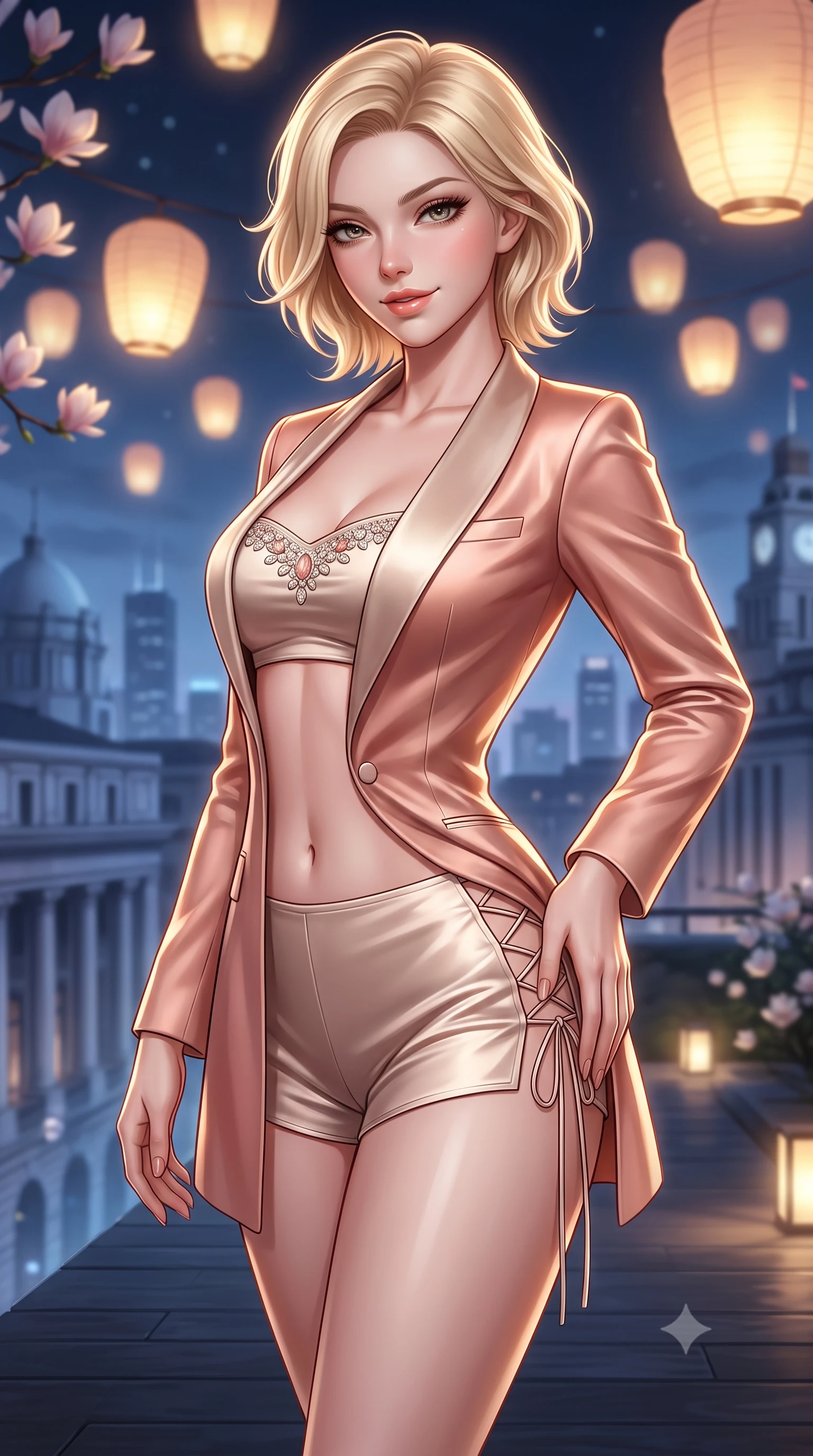score_9, masterpiece, best quality, ultra-detailed, high-budget anime keyframe, semi-realistic 3D game render, editorial fashion photography, tasteful artistic composition, Caucasian woman. close-up cowboy shot from the waist and thighs up, the character dominates the composition, filling the frame with her large presence. tilting her head with a teasing half-smile, running one hand slowly down the side of her hip in a flirtatious S-curve as ambient light caresses her silhouette while standing poised on the cantilevered dark slate deck jutting out over the historic Bund colonnades, arching her lower back to emphasize her curvy hips in the night breeze. The background shows a soft-focus glowing paper lanterns softened in romantic nocturnal sky-sanctuary shallow focus. She has an exceptionally elegant, slender, and willowy female figure with an ultra-slim waist, flat toned midriff, narrow ribcage, and sculpted feminine hips creating an alluring, slim hourglass silhouette without bulk. sharp v-shaped jawline, high-bridge nose, sparkling eyes with hypnotic seductive depth, thick curled eyelashes, glossy parted lips with a natural dewy peach sheen, alluring bedroom-eyes with an enchanting coquettish smile, exuding magnetic siren charisma and sophisticated glamour, flawlessly proportioned anatomical accuracy, strict slender model proportions, natural body alignment, perfectly sculpted long slender limbs, ultra-slim waistline, clean dynamic posture without body distortion. wearing a tailored open-front satin smoking jacket worn over a jewel-embellished bandeau and micro-shorts in dusky blush peach and champagne crystal, crafted from fluid liquid silk satin that clings smoothly to every curve with a dewy sheen, featuring fine criss-cross lace-up side ties revealing tantalizing glimpses of her hip curve, the high-slit wrap tailoring accentuating her ultra-slim waistline and the enchanting curve of her feminine hips with alluring seductive charm. bathed in soft 2800K low-voltage garden ground spotlights highlighting magnolia branches mixed with cool river skyline glow. highly saturated vibrant anime colors, detailed shading with soft gradients, rich glossy textures, high-contrast stereoscopic depth, volumetric dynamic lighting, master piece, 9:16 ratio