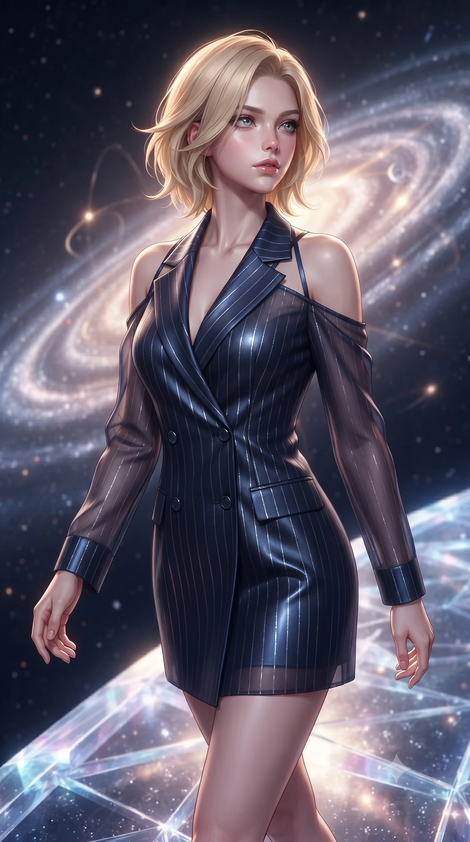 score_9, masterpiece, best quality, ultra-detailed, high-budget anime keyframe, editorial fashion photography, tasteful artistic composition, Caucasian woman. close-up cowboy shot from the waist and thighs up, the character dominates the composition, filling the frame with her large presence, background elements kept in soft focus. Gazing past the camera with an air of effortless elegance and mysterious confidence stepping along a crystalline cosmic bridge in deep space, swirling galaxy dust creating luminous arcs in the air. She has an exceptionally elegant, slender, and willowy female figure with an ultra-slim waist, a gracefully sculpted slender torso, and a refined silhouette. sharp v-shaped jawline, high-bridge nose, intricate jewel-like eyes with depth, thick eyelashes, glossy lips with a natural sheen. wearing a double-breasted blazer dress with metallic pin-stripes in midnight navy blue and chrome trim, woven from fine semi-opaque sheer organza, complemented by criss-cross back straps highlighting her bare shoulders, the elegant draped fit framing her graceful clavicle and slender torso. bathed in warm sunbursts filtering through floating orbital rings. ultra-reflective glossy finish, specular highlights, metallic sheen, high-contrast stereoscopic depth, volumetric dynamic lighting, 2k, ultra detail, master piece, 9:16 ratio