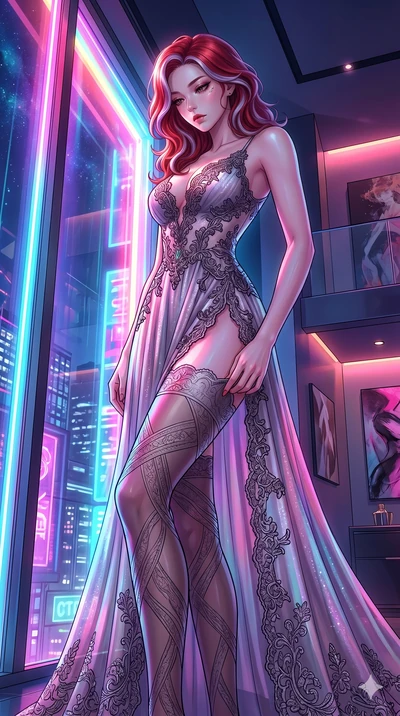 score_9, masterpiece, best quality, ultra-detailed, High-budget Anime Keyframe, East Asian woman. Low angle cowboy shot filling the entire 9:16 frame with her statuesque presence. Scenario 7: Adjusting her sculptural over-the-knee stocking by a glowi