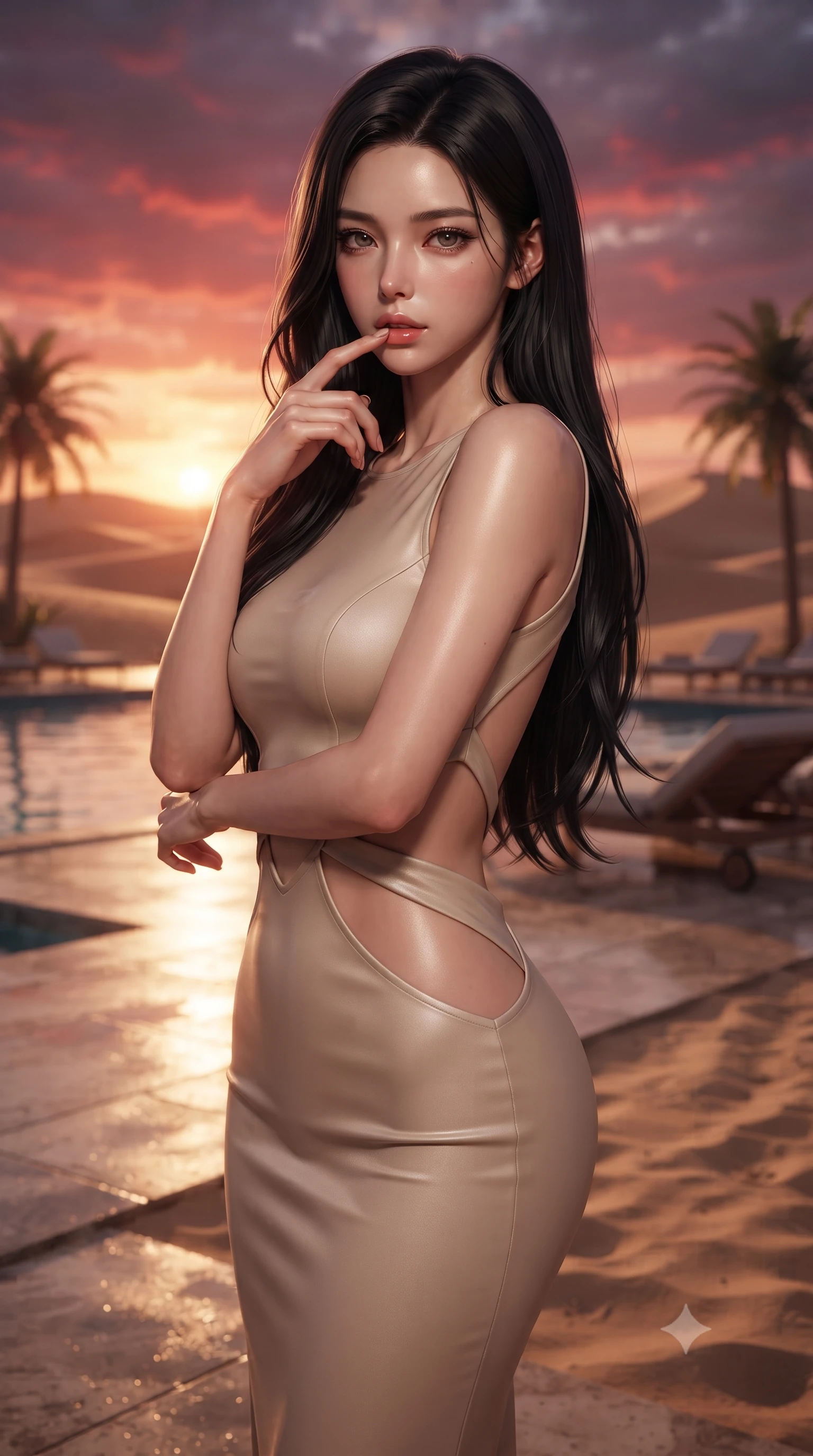 score_9, masterpiece, best quality, ultra-detailed, high-budget anime keyframe, editorial fashion photography, tasteful artistic composition, Korean woman woman. close-up cowboy shot from the waist and thighs up, the character dominates the composition, filling the frame with her large presence, background elements kept in soft focus. pressing one finger to her bottom lip in a thoughtful, seductive gesture under the warm sun the background shows a soft-focus a pool deck of a resort in a desert oasis, surrounded by palm trees and sand dunes. She has an exceptionally elegant, slender, and willowy female figure with an ultra-slim waist, a gracefully sculpted slender torso, and a refined silhouette. sharp v-shaped jawline, high-bridge nose, intricate jewel-like eyes with depth, thick eyelashes, glossy lips with a natural sheen. wearing a form-contouring summer vacation dress in soft beige with dramatic architectural waist cutouts and a low back. the warm red and orange sunset sky casting a dramatic glow over the sands. ultra-reflective glossy finish, specular highlights, metallic sheen, high-contrast stereoscopic depth, volumetric dynamic lighting, 2k, ultra detail, master piece, 9:16 ratio