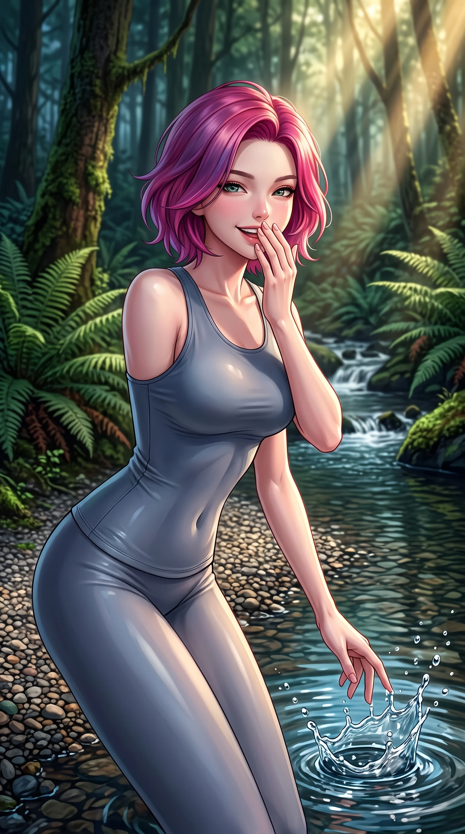 score_9, masterpiece, best quality, ultra-detailed, high-budget anime keyframe, editorial fashion photography, tasteful artistic composition, Caucasian woman. close-up cowboy shot from the waist and thighs up, the character dominates the composition, filling the frame with her large presence, background elements kept in soft focus. giggling cutely behind her hand, her eyes sparkling with joy and bright energy set against a soft-focus background of on a gravel bank of a forest stream surrounded by tall ferns and trees dipping her fingertips into the cool water with a playful, cute splash. She has an exceptionally elegant, slender, and willowy female figure with an ultra-slim waist, a gracefully sculpted slender torso, and a refined silhouette. sharp v-shaped jawline, high-bridge nose, intricate jewel-like eyes with depth, thick eyelashes, glossy lips with a natural sheen. wearing body-hugging form-fitting activewear top in slate grey, outlining her slender torso. cool forest shadows contrasting with warm shafts of sunbeams. highly saturated vibrant anime colors, detailed shading with soft gradients, rich glossy textures, high-contrast stereoscopic depth, volumetric dynamic lighting, master piece, 9:16 ratio