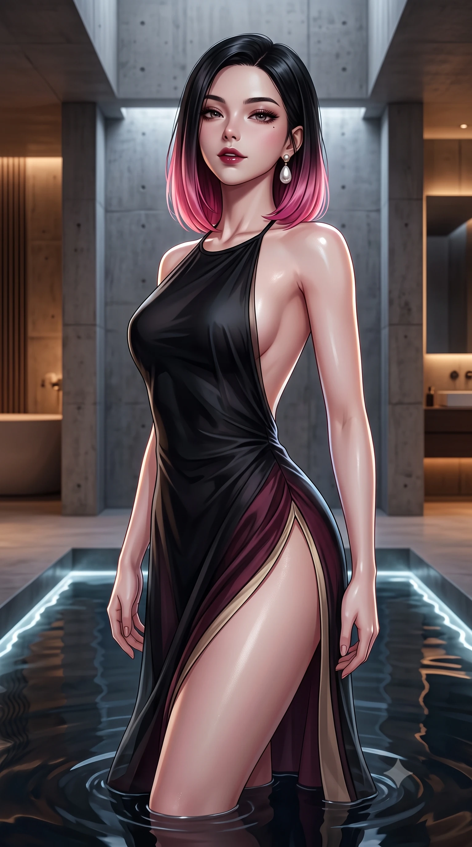 score_9, masterpiece, best quality, ultra-detailed, high-budget anime keyframe, semi-realistic 3D game render, editorial fashion photography, tasteful artistic composition, Korean woman. close-up cowboy shot from the waist and thighs up, the character dominates the composition, filling the frame with her large presence. tilting her chin up slightly with lips parted in a composed, sovereign expression, her body curving in an alluring S-line that accentuates her hip contour while standing poised in the center of the shallow reflection basin with hips cocked back, casting an ethereal, dangerous bedroom-gaze toward the camera. The surrounding environment is rendered in vivid detail and crisp panoramic clarity. detailed evening dress drape, moonlight sheen on skin, and modern brutalist-luxury chamber clarity in high resolution. She has an exceptionally elegant, slender, and willowy female figure with an ultra-slim waist, flat toned midriff, narrow ribcage, and sculpted feminine hips creating an alluring, slim hourglass silhouette without bulk. sharp v-shaped jawline, high-bridge nose, intricate jewel-like dark sparkling eyes with dangerous depth, thick curled eyelashes, glossy parted lips with a rich wine sheen, smoldering seductive half-smile with bedroom-eyes, exuding effortless superiority and intoxicating dark allure, flawlessly proportioned anatomical accuracy, strict slender model proportions, natural body alignment, perfectly sculpted long slender limbs, ultra-slim waistline, clean dynamic posture without body distortion. wearing a backless liquid jet-black halter slip dress with a thigh-high side slit ascending to the high hip in dark mulberry wine and antique champagne, crafted from layered gossamer black organza with weightless, smoky flutter, accented with a single dangling baroque pearl earring reflecting the amber glow, the precision-cut side openings and low-back scoop framing her graceful spine and the sensual sweep of her slim, toned hips. illuminated by subtle underwater fiber-optic perimeter lights and crisp platinum rim lighting sharply carving her slim torso, narrow waist, and curvy hips. highly saturated vibrant anime colors, detailed shading with soft gradients, rich glossy textures, high-contrast stereoscopic depth, volumetric dynamic lighting, master piece, 9:16 ratio