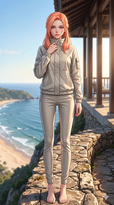 score_9, masterpiece, best quality, ultra-detailed, high-budget anime keyframe, editorial fashion photography, tasteful artistic composition, Japanese woman. low angle full-body shot from head to toe showing her feet, filling the entire 9:16 vertical