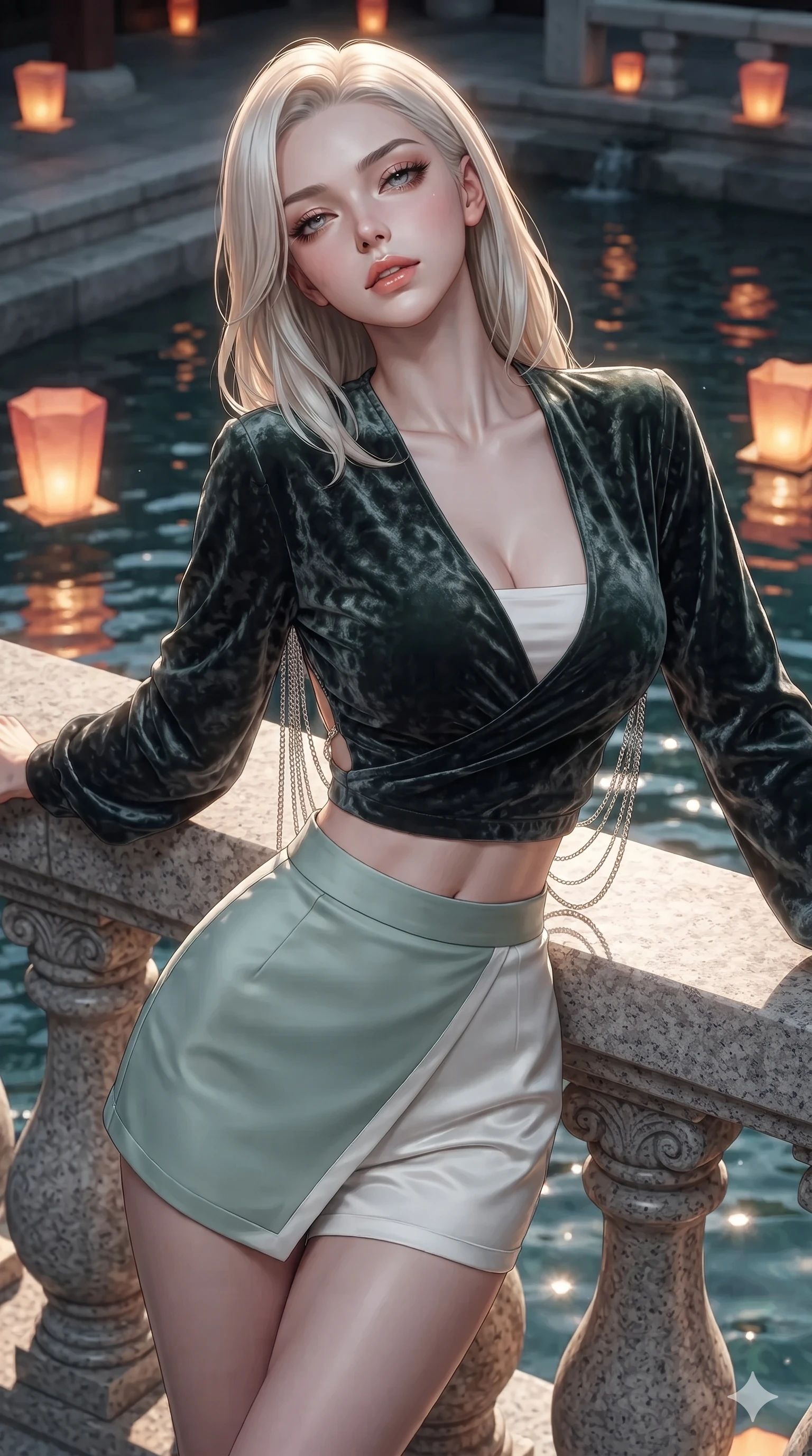 score_9, masterpiece, best quality, ultra-detailed, high-budget anime keyframe, editorial fashion photography, tasteful artistic composition, Caucasian woman. close-up cowboy shot from the waist and thighs up, the character dominates the composition, filling the frame with her large presence. leaning back against the balustrade with relaxed seductive grace, head tilted back slightly while casting a hypnotic, heavy-lidded gaze while twisting her slender torso in an alluring contrapposto stance, floating paper lanterns casting warm coral and gold highlights across her curves. The surrounding environment is rendered in vivid detail and crisp panoramic clarity: sharp chiseled granite stone block textures, crystal clear running water ripples, and paper lantern flame clarity in deep focus. She has an exceptionally elegant, slender, and willowy female figure with an ultra-slim waist, flat toned midriff, narrow ribcage, and sculpted feminine hips creating an alluring, slim hourglass silhouette without bulk. sharp v-shaped jawline, high-bridge nose, sparkling eyes with hypnotic seductive depth, thick curled eyelashes, glossy parted lips with a natural dewy peach sheen, alluring bedroom-eyes with an enchanting coquettish smile, exuding magnetic siren charisma and sophisticated glamour, flawlessly proportioned anatomical accuracy, strict slender model proportions, natural body alignment, perfectly sculpted long slender limbs, ultra-slim waistline, clean dynamic posture without body distortion. wearing a deep V-neck wrap jeogori blouse layered over an opaque silk bandeau and high-waisted wrap shorts in moonlit jade green and pure alabaster white with silver accents, tailored from crushed dark velvet with deep light-absorbing plush texture, accented with an open-back drape framed by falling strands of delicate chrome chains, the bespoke structured tailoring following the natural line of her 8.5-heads silhouette with refined elegance. illuminated by stream water bounce and sharp golden-amber rim lights sculpting her razor-sharp jawline, narrow waist, and curvy hips. ultra-reflective glossy finish, specular highlights, rich textural contrasts, high-contrast stereoscopic depth, volumetric dynamic lighting, 2k, ultra detail, master piece, 9:16 ratio