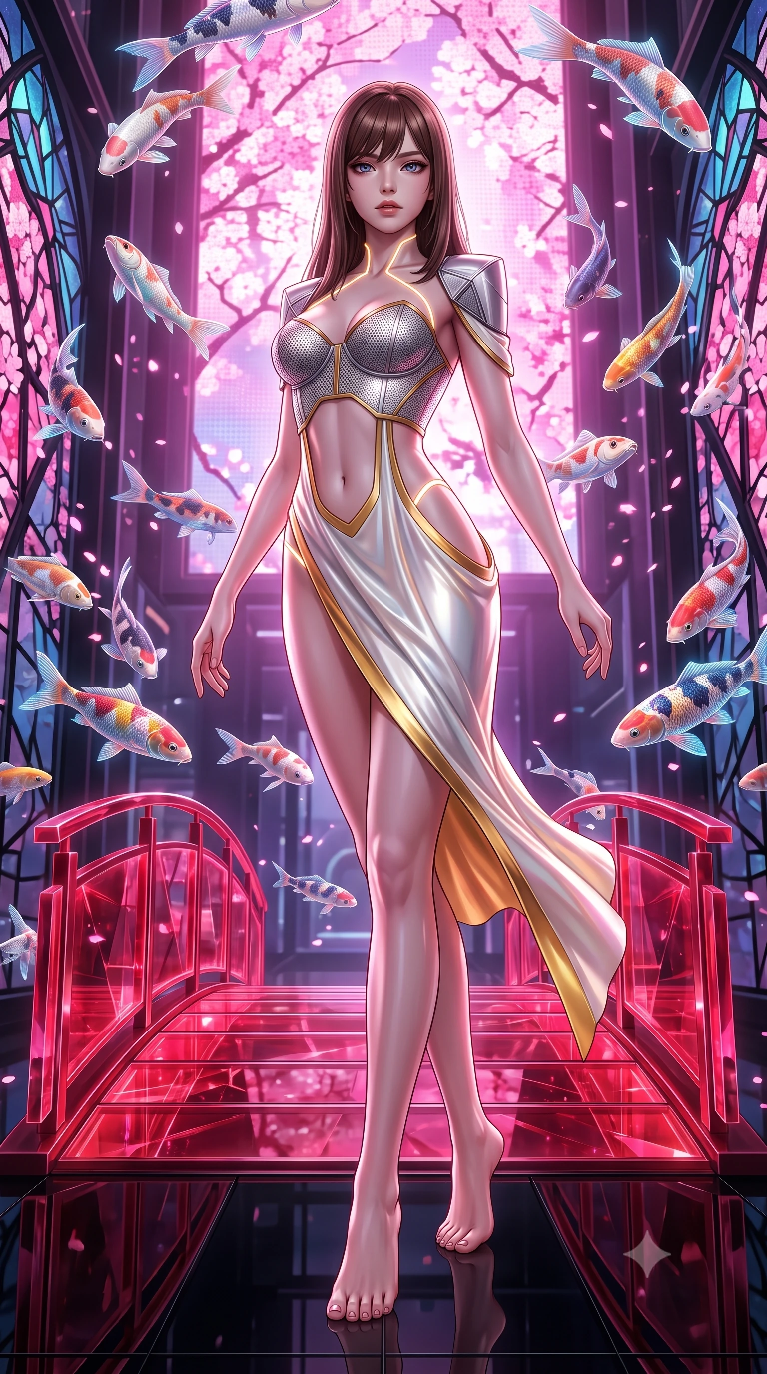 score_9, masterpiece, best quality, ultra-detailed, high-budget anime keyframe, semi-realistic 3D game render, editorial fashion photography, tasteful artistic composition, Korean woman. low angle full-body shot from head to toe showing her feet, filling the entire 9:16 vertical frame with her statuesque presence, stretching her vertical silhouette. arching her spine in a fluid zero-gravity turn with sovereign grace, her long slender legs and sculpted torso creating a sweeping line while stepping along a curved crimson glass bridge as holographic koi swim through the air around her slender silhouette. The surrounding environment is rendered in vivid detail and crisp panoramic clarity. razor-sharp cybernetic stained-glass lead lines, distinct digital sakura petal pixels, and black glass floor in deep focus. She has an absolutely perfect, statuesque 8.5-heads proportion, an exceptionally tall and slender model-like female figure with impossibly long slender legs, a toned flat midriff, and an ultra-slim waist. sharp v-shaped jawline, high-bridge nose, intricate jewel-like eyes with depth, thick eyelashes, glossy lips with a natural sheen, flawlessly proportioned anatomical accuracy, strict slender model proportions, natural body alignment, perfectly sculpted long slender limbs, ultra-slim waistline, clean dynamic posture without body distortion. wearing a structured titanium-mesh bustier with geometric shoulder pauldrons and an ultra-slender liquid jersey drape in pristine liquid pearl white and radiant solar gold trim, crafted from ultra-reflective second-skin liquid metal with a mirror-like polish, accented with glowing fiber-optic seams tracing her collarbones and hip curves, the form-contouring material adhering flawlessly to her sculpted flat midriff and slender torso, emphasizing her long leg lines and perfectly proportioned willowy build. bathed in luminous magenta and rose-pink digital sakura backlighting with soft violet fill. rich saturated anime colors with glowing neon highlights, detailed shading with soft gradients, rich glossy textures, high-contrast stereoscopic depth, volumetric dynamic lighting, master piece, 9:16 ratio