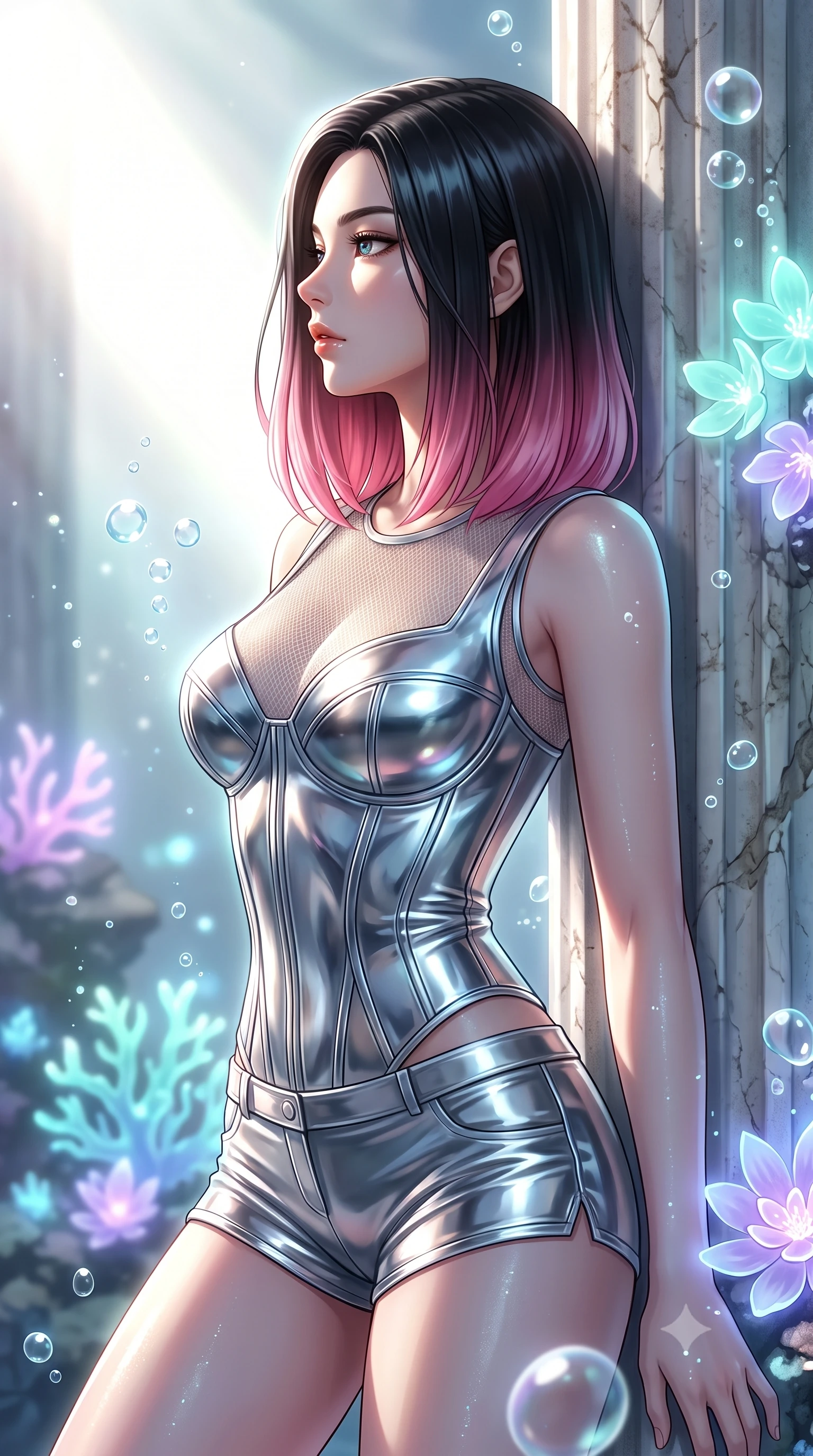 score_9, masterpiece, best quality, ultra-detailed, high-budget anime keyframe, editorial fashion photography, tasteful artistic composition, Korean woman. close-up cowboy shot from the waist and thighs up, the character dominates the composition, filling the frame with her large presence, background elements kept in soft focus. Turning her face in sharp dramatic profile against the bright light, showcasing her sharp v-shaped jawline resting against an antique marble pillar as gentle sea bubbles rise around her, glowing coral blossoms emitting soft aqua and lavender light. She has an exceptionally elegant, slender, and willowy female figure with an ultra-slim waist, a gracefully sculpted slender torso, and a refined silhouette. sharp v-shaped jawline, high-bridge nose, intricate jewel-like eyes with depth, thick eyelashes, glossy lips with a natural sheen. wearing a metallic chrome-plated structured bodice worn over a sheer mesh-textured top and micro-shorts, the tailored fabric tightly following every curve of her athletic build. surrounded by a shimmering ocean aura with bright pearl-white rim lights. highly saturated vibrant anime colors, detailed shading with soft gradients, rich glossy textures, high-contrast stereoscopic depth, volumetric dynamic lighting, master piece, 9:16 ratio