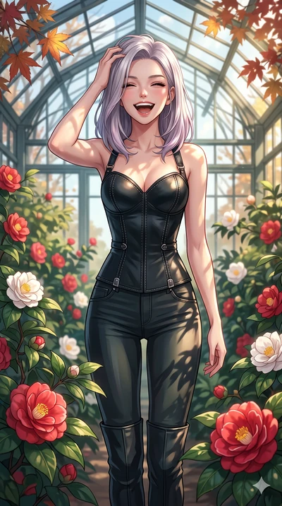 score_9, masterpiece, best quality, ultra-detailed, high-budget anime keyframe, vibrant anime aesthetic, Caucasian woman, strictly human ears. cowboy shot from the thighs up, character and outfit filling the frame for maximum presence. She is laughin