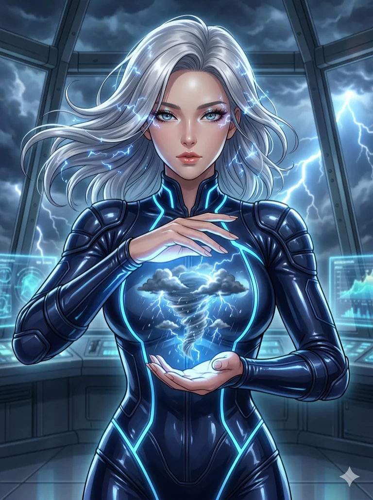 score_9, masterpiece, best quality, ultra-detailed, highend animation keyframe, an incredibly beautiful Korean woman. Medium shot of upper body filling the frame. She is a weather controller in a high-tech tower, creating a miniature storm between her hands. She has an absolutely perfect 8-heads proportion, an exceptionally tall female figure with a voluptuous body and wide hips. Her face is a highly detailed masterpiece featuring a v-shaped jawline, high-bridge nose, intricate jewel-like eyes glowing with electricity, thick eyelashes, and glossy lips. She has silver flowing hair with lightning sparks. She is wearing a form-fitting glossy latex suit with neon blue lines, highlighting her alluring silhouette. Thunderous clouds and electric arcs, dramatic rim lighting, radiant glowing skin, cinematic dynamic light, 2k, ultra detail, master piece, 3:4 ratio
