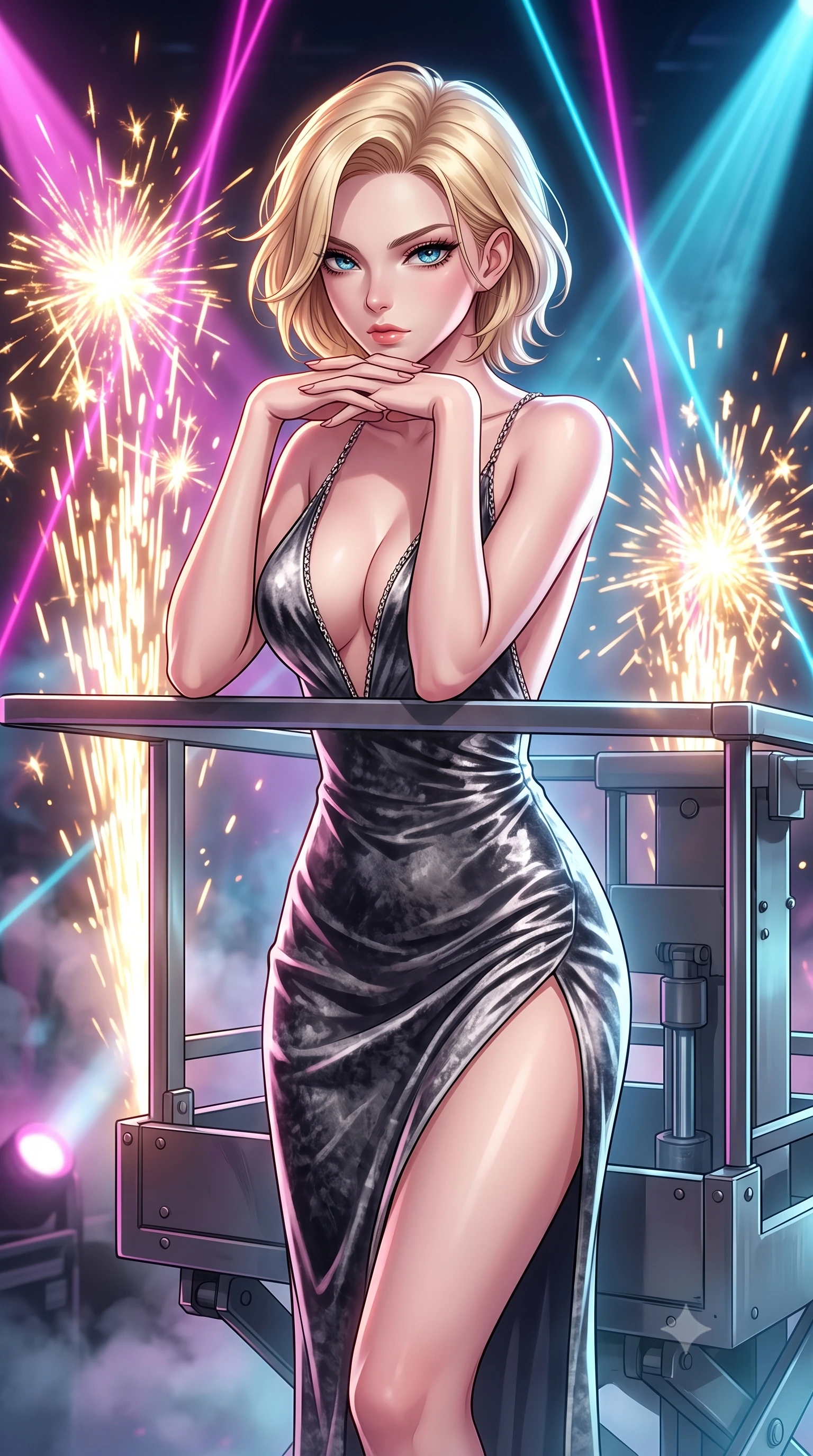 score_9, masterpiece, best quality, ultra-detailed, high-budget anime keyframe, editorial fashion photography, tasteful artistic composition, Caucasian woman. close-up cowboy shot from the waist and thighs up, the character dominates the composition, filling the frame with her large presence, background elements kept in soft focus. Resting her chin on the backs of her fingers, casting a sharp, mysterious gaze poised on a hydraulic lift platform surrounded by dazzling pyrotechnic sparks, intense volumetric laser beams cutting through stage fog in magenta and cyan. She has an exceptionally elegant, slender, and willowy female figure with an ultra-slim waist, a gracefully sculpted slender torso, and a refined silhouette. sharp v-shaped jawline, high-bridge nose, intricate jewel-like eyes with depth, thick eyelashes, glossy lips with a natural sheen. wearing a backless crushed velvet gown with a deep V-neckline and high thigh slit in charcoal grey and platinum, tailored from high-gloss patent leather, adorned with delicate metallic chain straps along the neckline, the form-contouring material highlighting her ultra-slim waist and long lines. illuminated by golden spark explosions and high-contrast concert lighting. highly saturated vibrant anime colors, detailed shading with soft gradients, rich glossy textures, high-contrast stereoscopic depth, volumetric dynamic lighting, master piece, 9:16 ratio