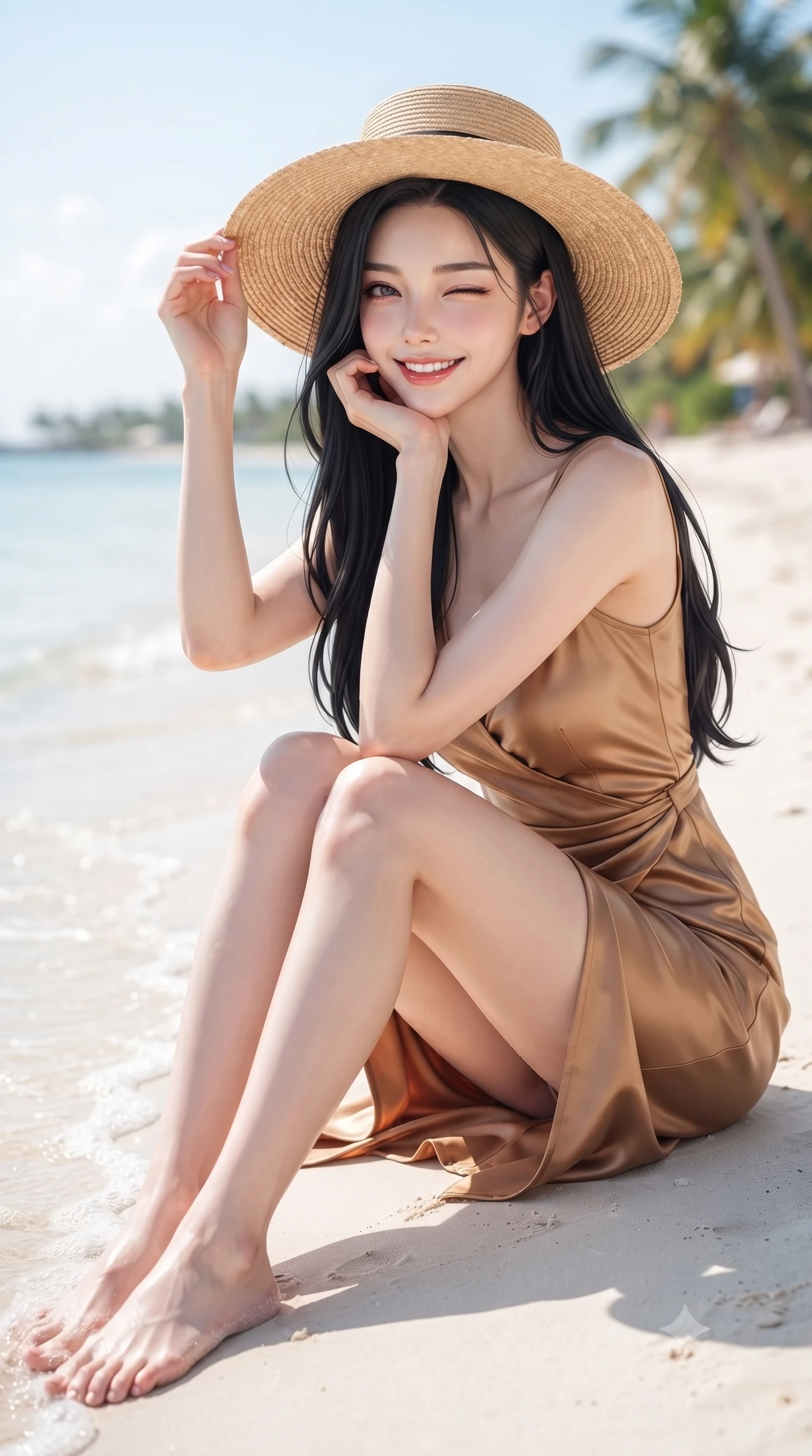 score_9, masterpiece, best quality, ultra-detailed, high-budget anime keyframe, editorial fashion photography, tasteful artistic composition, Korean woman. close-up cowboy shot from the waist and thighs up, the character dominates the composition, filling the frame with her large presence, background elements kept in soft focus. smiling cutely while resting her chin on her hand, looking directly into the lens set against a soft-focus background of on a sunny sandy beach with small waves washing over her feet holding a wide-brimmed straw hat to her head with a playful wink. She has an exceptionally elegant, slender, and willowy female figure with an ultra-slim waist, a gracefully sculpted slender torso, and a refined silhouette. sharp v-shaped jawline, high-bridge nose, intricate jewel-like eyes with depth, thick eyelashes, glossy lips with a natural sheen. wearing slim-fit form-contouring silk wrap dress in camel, outlining her slender waist. bright midday sun highlighting the white sand in a high-key clean glow. highly saturated vibrant anime colors, detailed shading with soft gradients, rich glossy textures, high-contrast stereoscopic depth, volumetric dynamic lighting, master piece, 9:16 ratio