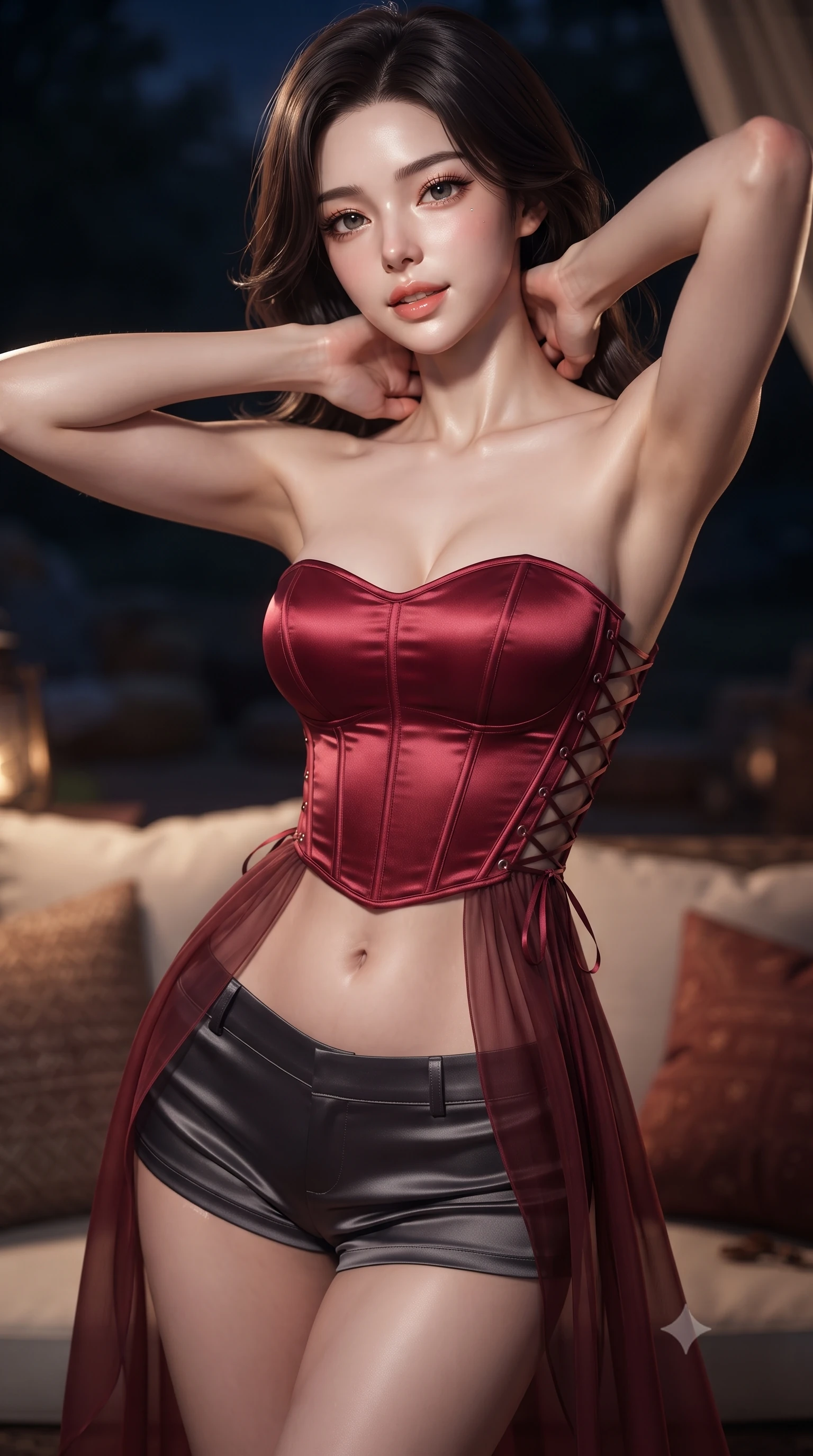 score_9, masterpiece, best quality, ultra-detailed, high-budget anime keyframe, editorial fashion photography, tasteful artistic composition, Korean woman. close-up cowboy shot from the waist and thighs up, the character dominates the composition, filling the frame with her large presence. resting both hands lightly behind her neck with elbows raised, arching her spine to highlight her narrow waist, flat midriff, and breathtaking collarbones while twisting her slender torso in an alluring contrapposto stance, warm desert night winds molding the sheer fabrics to her curvy hips and flat midriff. The background shows a soft-focus handwoven silk cushions softened in intimate nocturnal glamping shallow focus. She has an exceptionally elegant, slender, and willowy female figure with an ultra-slim waist, flat toned midriff, narrow ribcage, and sculpted feminine hips creating an alluring, slim hourglass silhouette without bulk. sharp v-shaped jawline, high-bridge nose, sparkling eyes with hypnotic seductive depth, thick curled eyelashes, glossy parted lips with a natural dewy peach sheen, alluring bedroom-eyes with an enchanting coquettish smile, exuding magnetic siren charisma and sophisticated glamour, flawlessly proportioned anatomical accuracy, strict slender model proportions, natural body alignment, perfectly sculpted long slender limbs, ultra-slim waistline, clean dynamic posture without body distortion. wearing a strapless boned satin corset bodice paired with low-waisted tailored satin hot-pants in rich cherry lacquer and smoky charcoal, made of sheer gossamer chiffon that drapes softly against skin with airy translucence, featuring fine criss-cross lace-up side ties revealing tantalizing glimpses of her hip curve, the high-slit wrap tailoring accentuating her ultra-slim waistline and the enchanting curve of her feminine hips with alluring seductive charm. illuminated by lantern light scatter and sharp starry-platinum rim lights defining her delicate clavicles, ultra-slim waist, and curvy hips. ultra-reflective glossy finish, specular highlights, rich textural contrasts, high-contrast stereoscopic depth, volumetric dynamic lighting, 2k, ultra detail, master piece, 9:16 ratio