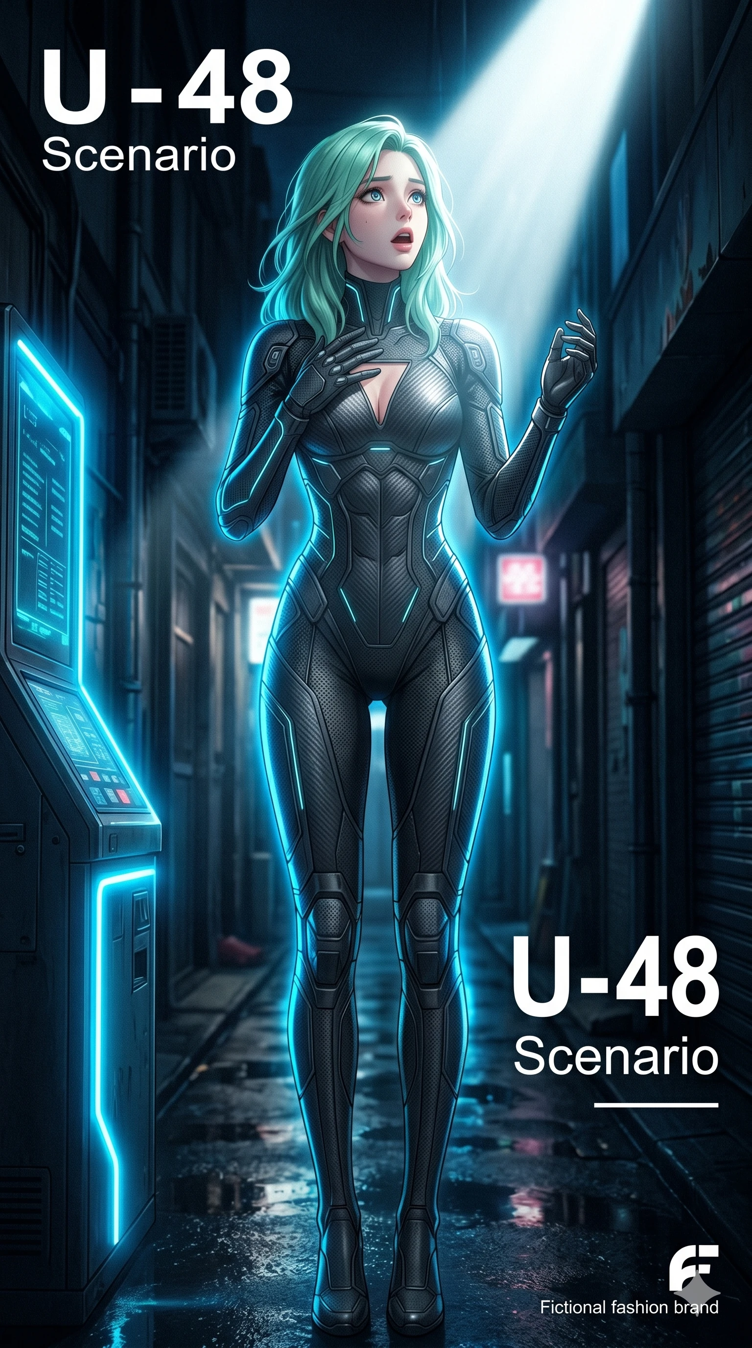 score_9, masterpiece, best quality, ultra-detailed, high-budget anime keyframe, editorial fashion photography, tasteful artistic composition, Japanese woman. cowboy shot from the thighs up, character and outfit filling the frame for maximum editorial presence. tilting her head back in sheer disbelief, her jaw slightly dropped and eyes wide with wonder on a dark alley street when a bright beam of searchlight suddenly hits her (Scenario Code U-48). She has an absolutely perfect 8-heads proportion, an exceptionally tall and slender female figure with impossibly long slender legs and an ultra-slim waist. V-shaped jawline, high-bridge nose, intricate jewel-like eyes with depth, thick eyelashes, glossy lips with a natural sheen. wearing a precision-fitted carbon-fiber combat suit featuring a tasteful tasteful chest slit and glowing line details. lit by the intense neon blue glow of a malfunctioning machine, tracing her silhouette. 2k, ultra detail, master piece, 9:16 ratio
