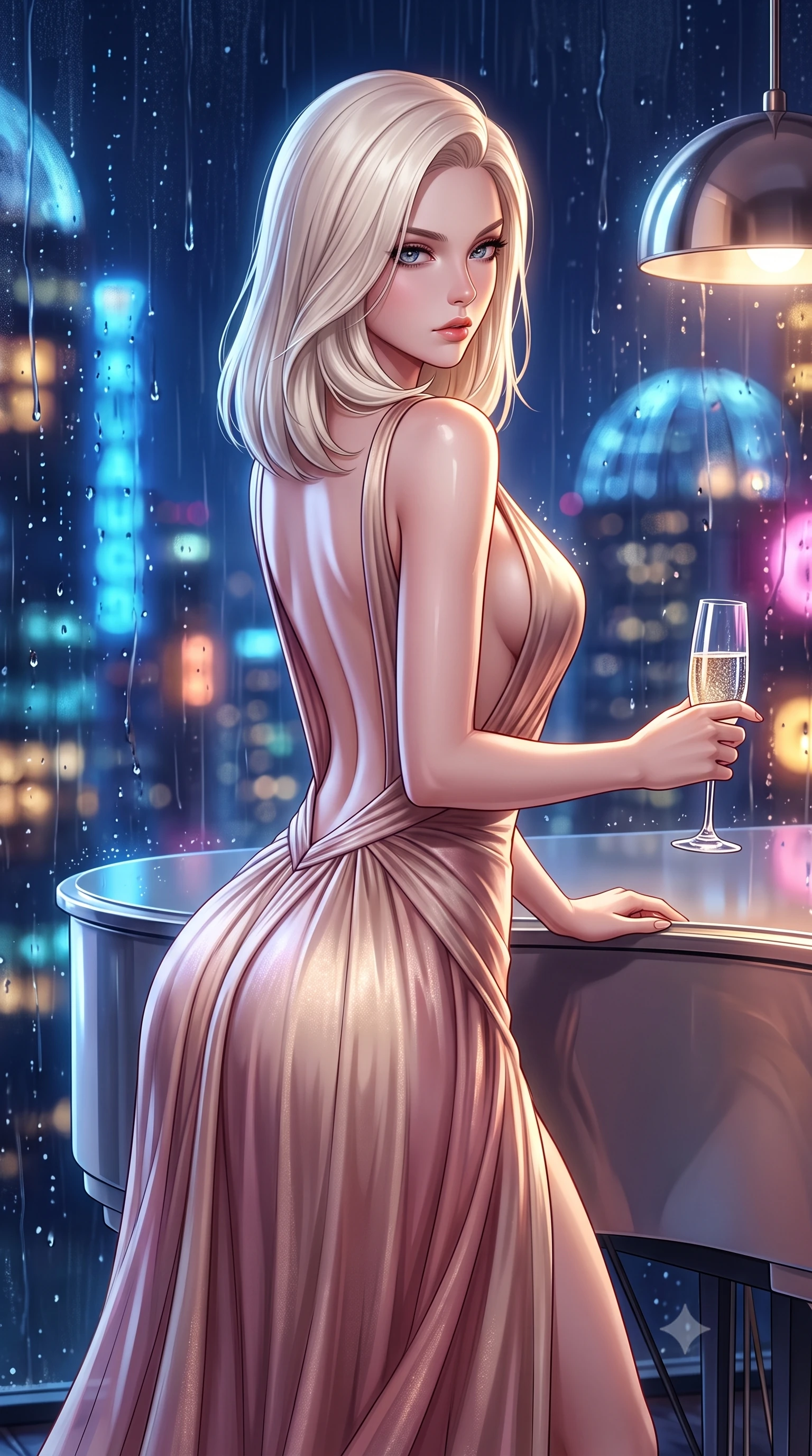 score_9, masterpiece, best quality, ultra-detailed, high-budget anime keyframe, semi-realistic 3D game render, editorial fashion photography, tasteful artistic composition, Caucasian woman. close-up cowboy shot from the waist and thighs up, the character dominates the composition, filling the frame with her large presence. twisting her slender torso in a deep contrapposto stance, hips dramatically shifted to accentuate her feminine curves while looking past her shoulder with smoldering bedroom-eyes while leaning forward against the sleek curved piano rim with lower back arched, casting an alluring over-the-shoulder bedroom-glance through rain-streaked glass. The composition keeps background elements in soft focus with creamy bokeh. rain-drenched skyscraper neon lights and glowing glass penthouse domes blurred into deep sapphire, warm amber, and magenta bokeh. She has an exceptionally elegant, slender, and willowy female figure with an ultra-slim waist, a gracefully sculpted slender torso, toned flat midriff, and rounded feminine hips creating an alluring hourglass silhouette. sharp v-shaped jawline, high-bridge nose, intricate jewel-like eyes with depth, thick eyelashes, glossy parted lips with a natural sheen, intensely captivating and seductive bedroom-eyes expression, flawlessly proportioned anatomical accuracy, strict slender model proportions, natural body alignment, perfectly sculpted long slender limbs, ultra-slim waistline, clean dynamic posture without body distortion. wearing a liquid silk jersey evening gown with an ultra-deep plunging open back descending to the base of her spine and a sculpted hip-hugging skirt in dusky blush rose and champagne shimmer, woven from layered gossamer chiffon with a weightless sweeping drape, accessorized with a crystal champagne flute held in her manicured hand, the form-contouring material adhering flawlessly to her sculpted flat midriff and slender torso, emphasizing her long leg lines and perfectly proportioned willowy build. illuminated by sleek metallic reflections sculpting her sculpted collarbones, ultra-slim waist, and curvy hips. highly saturated vibrant anime colors, detailed shading with soft gradients, rich glossy textures, high-contrast stereoscopic depth, volumetric dynamic lighting, master piece, 9:16 ratio