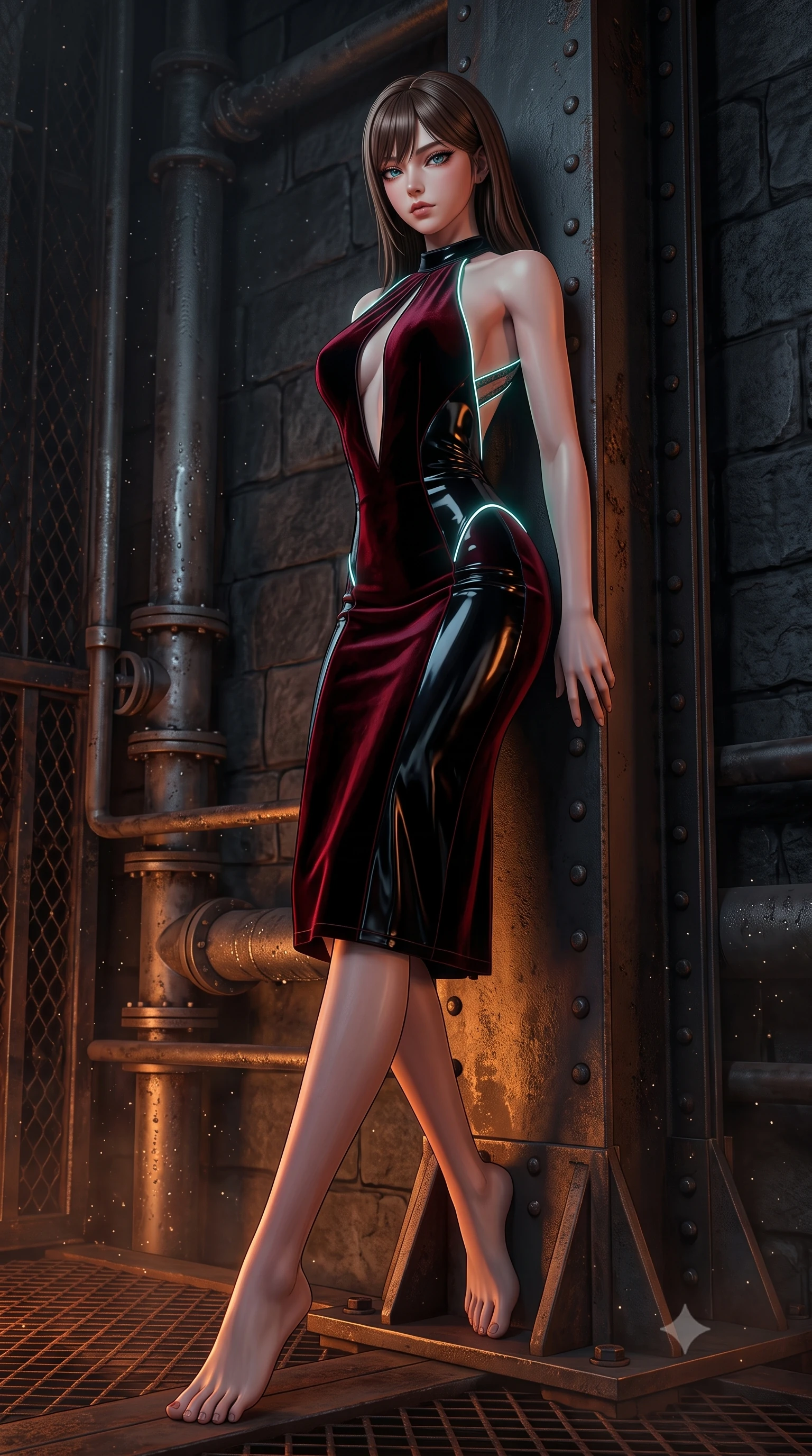 score_9, masterpiece, best quality, ultra-detailed, high-budget anime keyframe, semi-realistic 3D game render, editorial fashion photography, tasteful artistic composition, Korean woman. low angle full-body shot from head to toe showing her feet, filling the entire 9:16 vertical frame with her statuesque presence, stretching her vertical silhouette. arching her back against the dark stone wall with provocative poise, extending one long slender leg to accentuate her razor-sharp statuesque silhouette while leaning against a massive steel support beam with a smoldering, predatory gaze amidst drifting iron dust. The surrounding environment is rendered in vivid detail and crisp panoramic clarity. detailed rusted iron grating textures, riveted steel beam joints, and steam condensation beads in deep focus. She has an absolutely perfect, statuesque 8.5-heads proportion, an exceptionally tall and slender model-like female figure with impossibly long slender legs, a toned flat midriff, and an ultra-slim waist. sharp v-shaped jawline, high-bridge nose, intricate jewel-like eyes with depth, thick eyelashes, glossy lips with a natural sheen, flawlessly proportioned anatomical accuracy, strict slender model proportions, natural body alignment, perfectly sculpted long slender limbs, ultra-slim waistline, clean dynamic posture without body distortion. wearing a velvet halter-neck midi dress fitting her statuesque contour flawlessly with a Tasteful chest slit and open spine in midnight onyx black and deep blood crimson, formed from high-gloss patent material with specular chiaroscuro reflections, accented with glowing fiber-optic seams tracing her collarbones and hip curves in the gloom, the liquid-tight tailored fabric emphasizing every curve of her tall, slender model proportions and sculptured silhouette during dynamic movement. bathed in high-contrast amber-orange hazard backlighting and cool shadow fill. rich saturated anime colors with deep moody shadows, detailed chiaroscuro shading with soft gradients, rich glossy textures, high-contrast stereoscopic depth, volumetric dynamic shadow lighting, master piece, 9:16 ratio