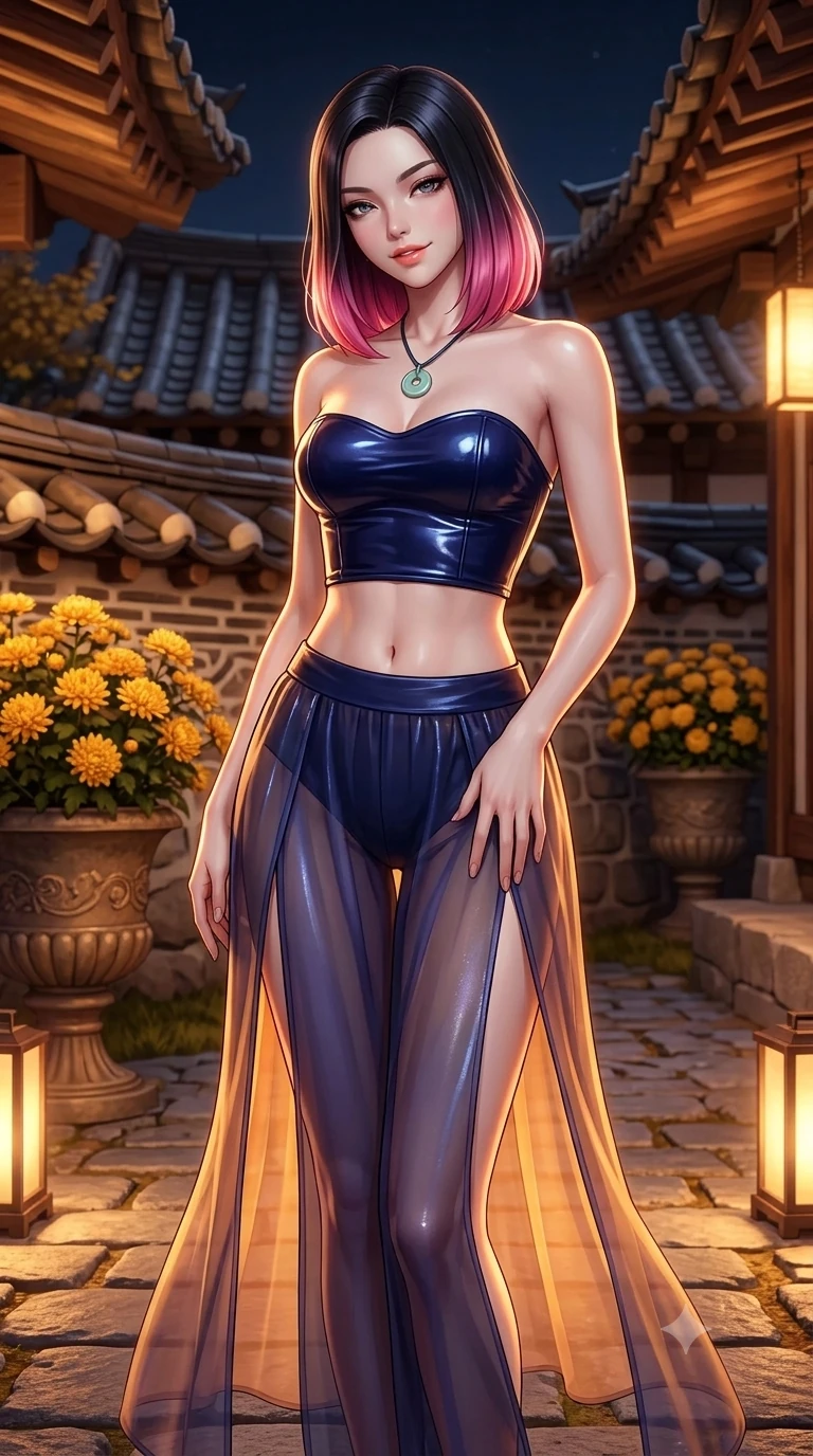 score_9, masterpiece, best quality, ultra-detailed, high-budget anime keyframe, semi-realistic 3D game render, editorial fashion photography, tasteful artistic composition, Korean woman. close-up cowboy shot from the waist and thighs up, the character dominates the composition, filling the frame with her large presence. tilting her head with a teasing half-smile, running one hand slowly down the side of her hip in a flirtatious S-curve as ambient light caresses her silhouette while twisting her slender torso in an alluring contrapposto stance between golden chrysanthemum urns, warm moonlight tracing her flat midriff. The surrounding environment is rendered in vivid detail and crisp panoramic clarity: detailed liquid silk satin halter leotard tailoring, sheer nobang wrap skirt, and traditional hanok architecture in razor-sharp precision. She has an exceptionally elegant, slender, and willowy female figure with an ultra-slim waist, flat toned midriff, narrow ribcage, and sculpted feminine hips creating an alluring, slim hourglass silhouette without bulk. sharp v-shaped jawline, high-bridge nose, sparkling eyes with hypnotic seductive depth, thick curled eyelashes, glossy parted lips with a natural dewy peach sheen, alluring bedroom-eyes with an enchanting coquettish smile, exuding magnetic siren charisma and sophisticated glamour, flawlessly proportioned anatomical accuracy, strict slender model proportions, natural body alignment, perfectly sculpted long slender limbs, ultra-slim waistline, clean dynamic posture without body distortion. wearing a strapless wet-look vinyl bustier paired with sheer chiffon high-slit wrap trousers revealing her long slender legs in midnight indigo and glowing lantern topaz, crafted from delicate semi-sheer Korean gossamer organza with subtle pearlescent glints, finished with a minimalist celadon porcelain pendant on a fine silk cord, the high-slit wrap tailoring accentuating her ultra-slim waistline and the enchanting curve of her feminine hips with alluring seductive charm. bathed in crisp autumn moonlight washing across curved clay roof tiles and stone courtyards. highly saturated vibrant anime colors, detailed shading with soft gradients, rich glossy textures, high-contrast stereoscopic depth, volumetric dynamic lighting, master piece, 9:16 ratio