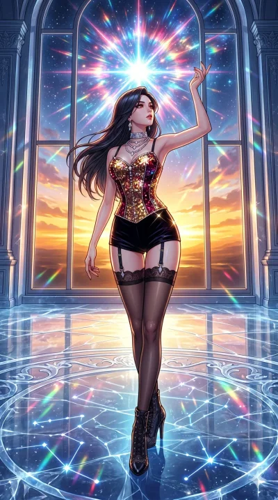 첨부의 캐릭터를 고정하여, 절대로 의상과 포즈를 동일하게 하지말고 현재 프롬프트 기반으로 이미지를 완전히 재구성해야해. score_9, masterpiece, best quality, ultra-detailed, high-budget anime movie keyframe, cinematic anime lighting, intricate line art, Korean woman. Upper body filling screen focusing on