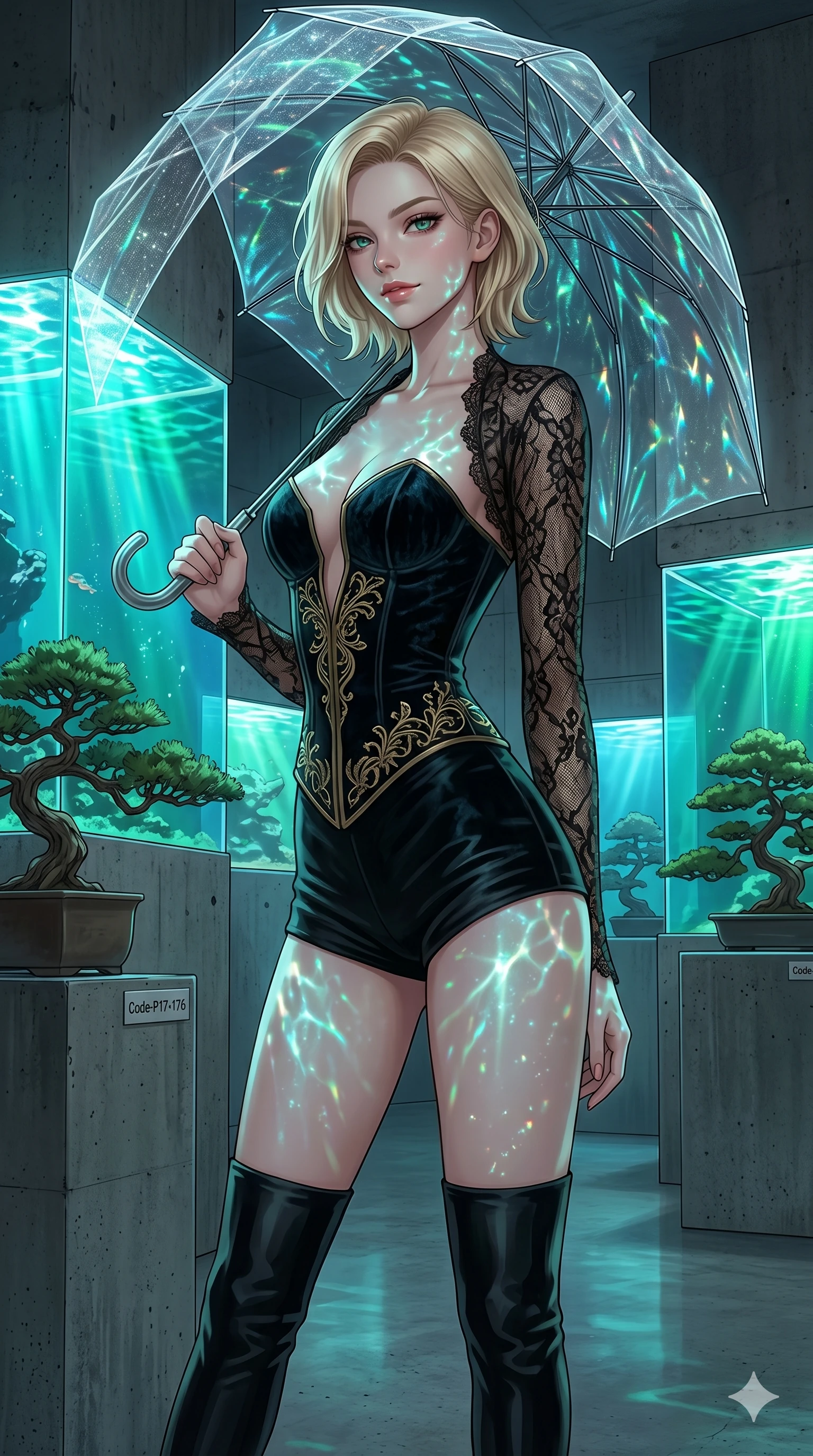 score_9, masterpiece, best quality, ultra-detailed, high-budget anime keyframe, editorial fashion photography, tasteful artistic composition, Caucasian woman, strictly human ears. cowboy shot from the thighs up, character and outfit filling the frame for maximum editorial presence. holding a transparent umbrella, looking over her shoulder with a magnetic smile inside a concrete gallery with bonsai tree (Code-P17-176). She has an absolutely perfect 8-heads proportion, an exceptionally tall and slender female figure with impossibly long slender legs and an ultra-slim waist. V-shaped jawline, high-bridge nose, intricate jewel-like eyes with depth, thick eyelashes, glossy lips with a natural sheen. wearing a dark velvet corset combined with a sheer lace shrug. cyan and emerald light from the aquarium tanks casting glittering patterns on her skin. 2k, ultra detail, master piece, 9:16 ratio