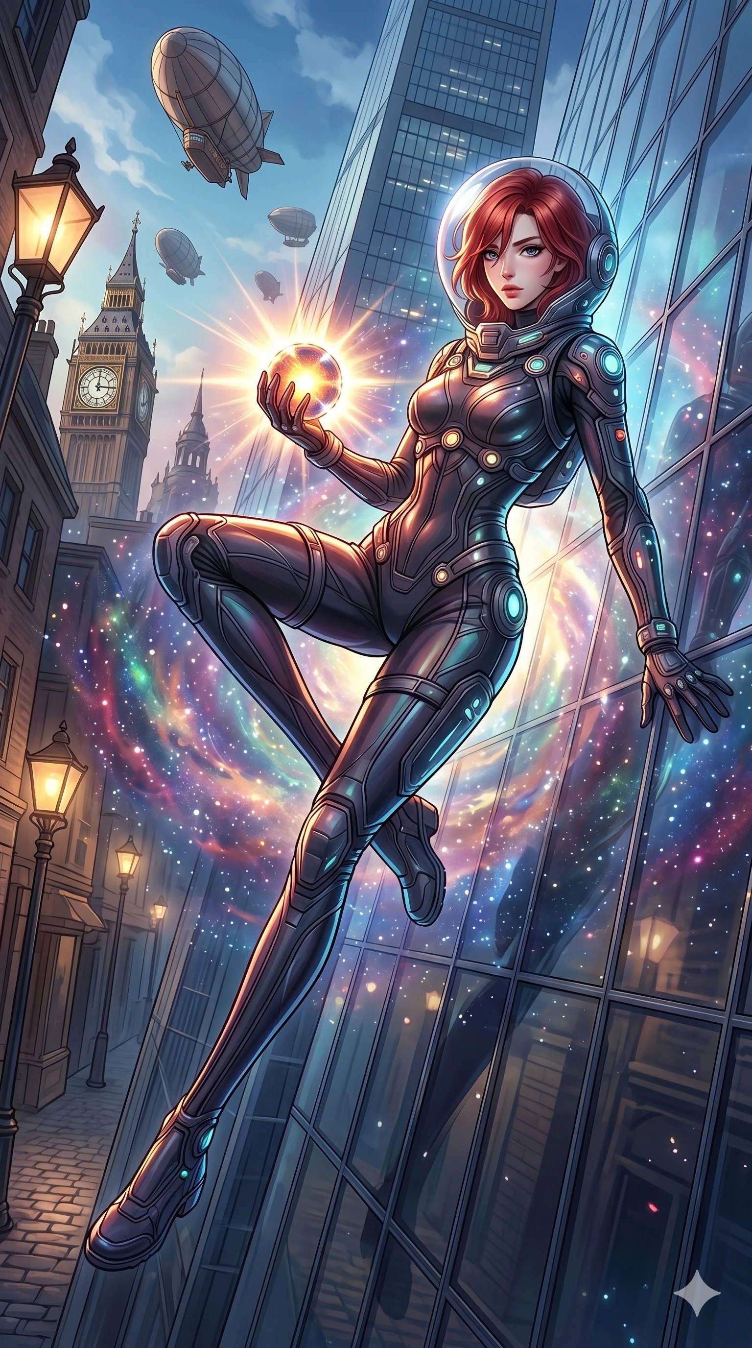 score_9, masterpiece, best quality, ultra-detailed, Set A: High-budget Anime Keyframe, Korean woman. Low angle cowboy shot filling the entire 9:16 frame with her statuesque presence. Theme: Primal Nature. sliding down a glass skyscraper in a steampunk London alleyway, holding a glowing core that hums with the power of 112 suns. The atmosphere is filled with a swirling vortex of stars. She has an absolutely perfect 8-heads proportion, an exceptionally tall and slender female figure with impossibly long slender legs and an ultra-slim waist. Sharp v-shaped jawline, high-bridge nose, intricate jewel-like eyes with depth, glossy lips. Wearing Deep-space explorer suit with transparent helmet-hood and glowing bio-sensors. Cinematic lighting, vivid colors, dramatic shadows, 2k, ultra detail, master piece, 9:16 ratio