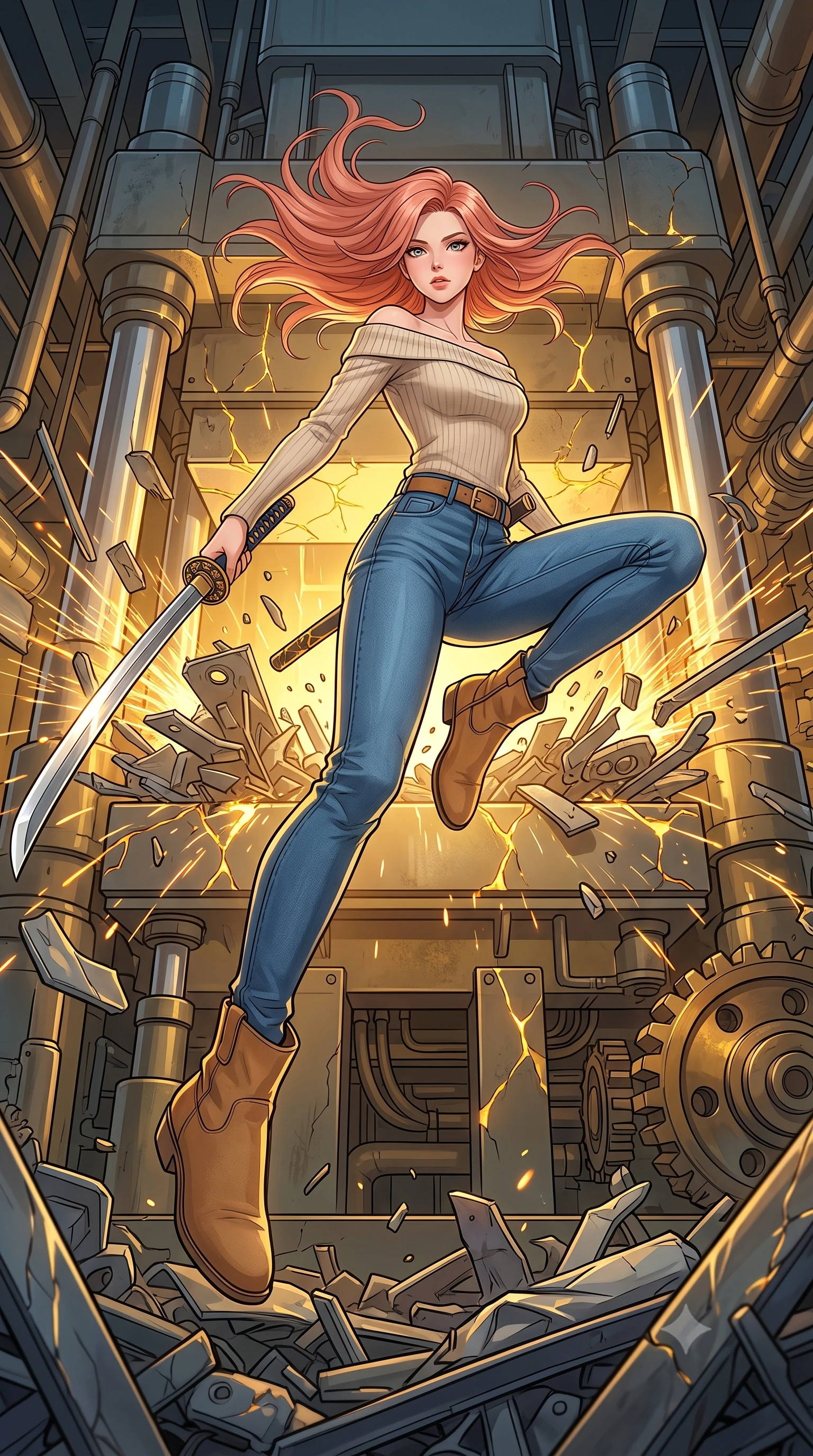 score_9, masterpiece, best quality, ultra-detailed, high-budget anime keyframe, clean line-art, cel-shading, Japanese woman. low angle full-body shot from head to toe showing her feet, filling the entire 9:16 vertical frame with her statuesque presence, stretching her vertical silhouette. leaping dynamically high in the air while slicing forward with wind-whipped hair through inside a industrial scrap press, massive hydraulic plates slowly closing and sparking as metal scraps crush. She has a statuesque 8.5-heads proportion, an exceptionally tall, slender and willowy model-like build with impossibly long legs and a highly sculpted ultra-slim waist. sharp v-shaped jawline, high-bridge nose, intricate jewel-like eyes with depth, thick eyelashes, glossy lips with a natural sheen. wearing tailored for maximum mobility, sleek form-contouring panels that allow fluid movement, a slim-fit oatmeal cashmere off-shoulder knit sweater layered over high-waisted raw blue denim and a camel suede belt. glowing kintsugi gold light radiating from cracks in the environment creating a majestic inner glow. highly saturated vibrant anime colors, intense vivid color palette, volumetric dynamic lighting, 2k, ultra detail, master piece, 9:16 ratio