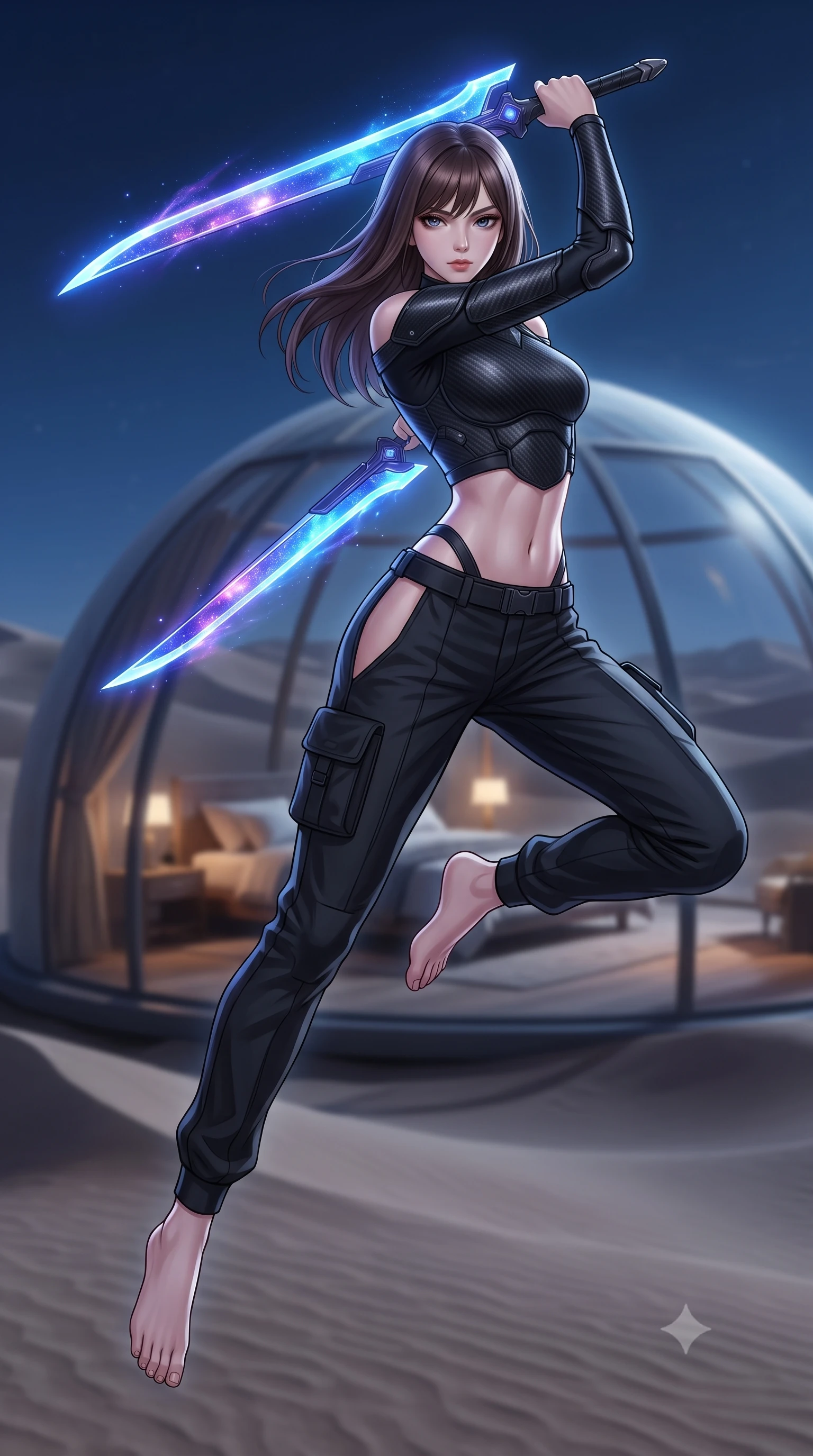 score_9, masterpiece, best quality, ultra-detailed, high-budget anime keyframe, editorial fashion photography, tasteful artistic composition, Korean woman. low angle full-body shot from head to toe showing her feet, filling the entire 9:16 vertical frame with her statuesque presence, stretching her vertical silhouette. leaping forward while slashing with a twin-bladed plasma sword in mid-air, her body-contouring suit showing her athletic silhouette, the background shows a soft-focus a desert dome bedroom built in the middle of a vast sand desert at night. She has an absolutely perfect, statuesque 8.5-heads proportion, an exceptionally tall and slender model-like female figure with impossibly long slender legs and an ultra-slim waist. sharp v-shaped jawline, high-bridge nose, intricate jewel-like eyes with depth, thick eyelashes, glossy lips with a natural sheen. wearing a slim-fit off-shoulder carbon-fiber armor top paired with high-slit tactical cargo pants, showing her delicately sculpted midriff. soft silver moonlight wrapping her silhouette in a cool cosmic glow. highly saturated vibrant anime colors, detailed shading with soft gradients, rich glossy textures, high-contrast stereoscopic depth, volumetric dynamic lighting, master piece, 9:16 ratio