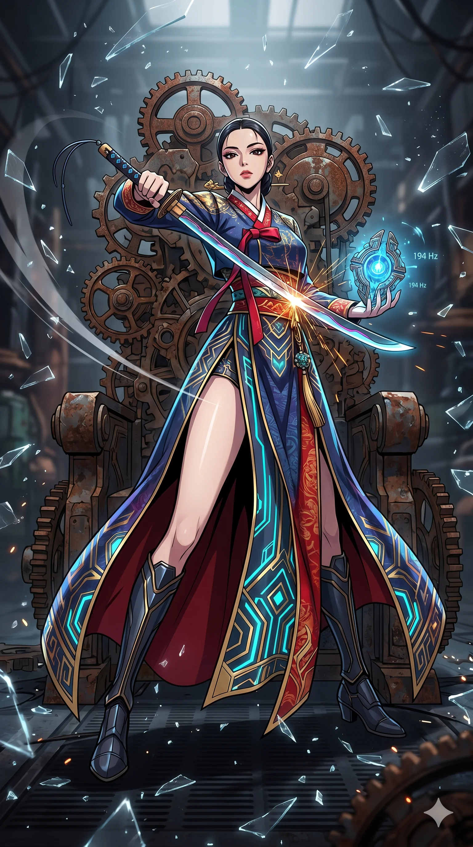 score_9, masterpiece, best quality, ultra-detailed, Set A: High-budget Anime Keyframe, Korean woman. Low angle cowboy shot filling the entire 9:16 frame with her statuesque presence. Drawing a blade through a throne of gears, holding a relic that pulses with the frequency 194 and surrounded by shattered glass fragments. She has an absolutely perfect 8-heads proportion, an exceptionally tall and slender female figure with impossibly long slender legs and an ultra-slim waist. Sharp v-shaped jawline, high-bridge nose, intricate jewel-like eyes with depth, thick eyelashes, glossy lips with a natural sheen. Wearing Ornate traditional silk gown with futuristic glowing patterns and a massive high slit. Cinematic lighting, vibrant colors, dramatic shadows, 2k, ultra detail, master piece, 9:16 ratio