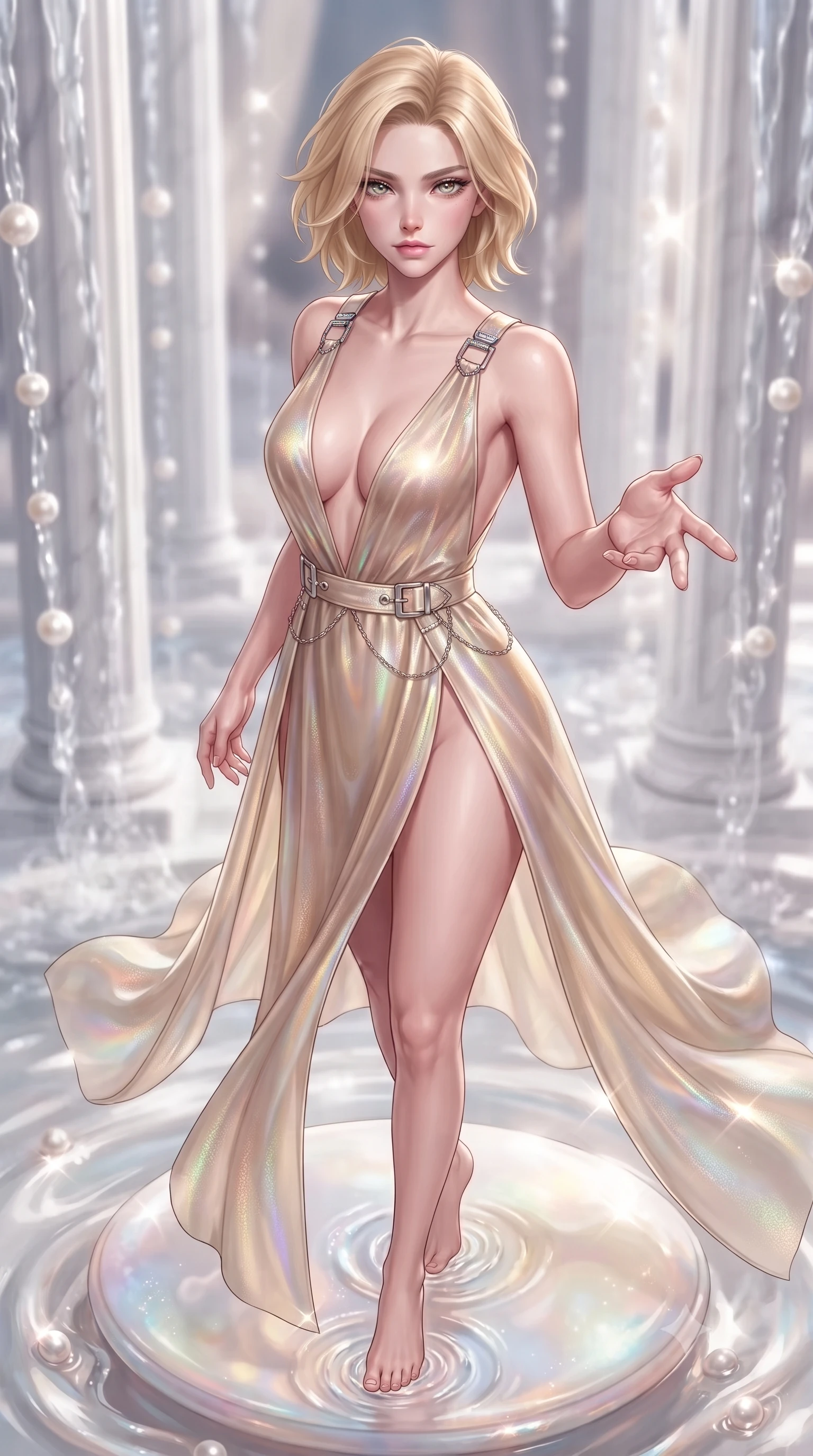 score_9, masterpiece, best quality, ultra-detailed, high-budget anime keyframe, editorial fashion photography, tasteful artistic composition, Caucasian woman. close-up cowboy shot from the waist and thighs up, the character dominates the composition, filling the frame with her large presence, background elements kept in soft focus. Reaching one hand toward the viewer with relaxed elegance, poised on an opal pedestal as ripples of liquid pearl flow around her feet, pure white marble columns framed by cascading pearl water in soft focus. She has an exceptionally elegant, slender, and willowy female figure with an ultra-slim waist, a gracefully sculpted slender torso, and a refined silhouette. sharp v-shaped jawline, high-bridge nose, intricate jewel-like eyes with depth, thick eyelashes, glossy lips with a natural sheen. wearing deep plunging V-neckline champagne silk gown with daring high thigh slit in champagne gold, made of iridescent hologram organza, framed by polished silver buckles and delicate chain details, highlighting her statuesque proportions and ultra-slim waistline. illuminated by ultra-bright specular highlights reflecting off liquid pearl. highly saturated vibrant anime colors, detailed shading with soft gradients, rich glossy textures, high-contrast stereoscopic depth, volumetric dynamic lighting, master piece, 9:16 ratio
