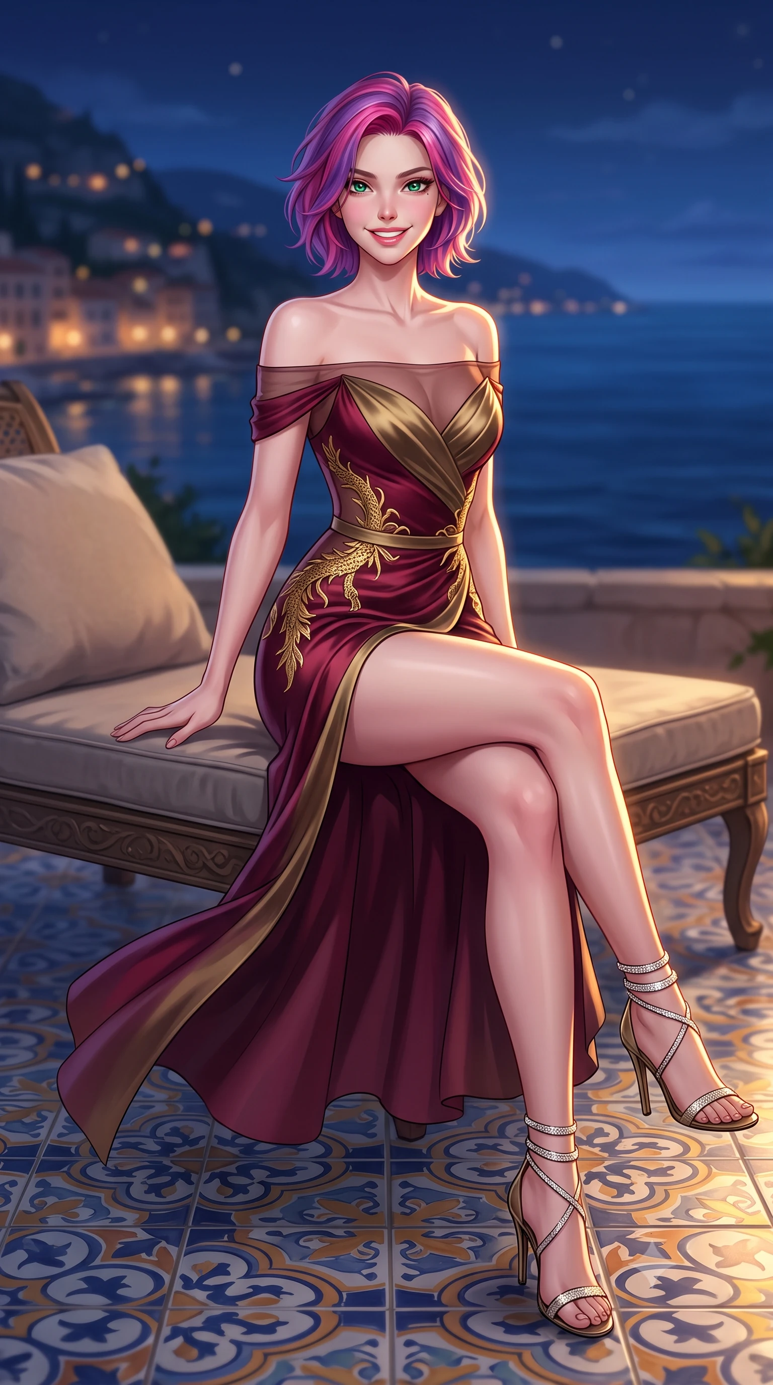 score_9, masterpiece, best quality, ultra-detailed, high-budget anime keyframe, semi-realistic 3D game render, editorial fashion photography, tasteful artistic composition, Caucasian woman. close-up cowboy shot from the waist and thighs up, the character dominates the composition, filling the frame with her large presence. perched sideways on the lounge seat, one knee drawn up to showcase her slender leg line while her arched back accentuates her feminine hip curve while walking slowly along the tiled terrace with tall model strides, evening sea breezes molding her sheer gown to her slender legs. The background shows a soft-focus colorful ceramic tile patterns softened in romantic Italian coastal nocturne shallow focus. She has an exceptionally elegant, slender, and willowy female figure with an ultra-slim waist, flat toned midriff, narrow ribcage, and sculpted feminine hips creating an alluring, slim hourglass silhouette without bulk. sharp v-shaped jawline, high-bridge nose, intricate jewel-like sparkling eyes with depth, thick eyelashes, glossy parted lips with a natural peach sheen, bright cheerful beaming smile with an enchanting and coquettish sensual glint, exuding both youthful cute charm and seductive allure, flawlessly proportioned anatomical accuracy, strict slender model proportions, natural body alignment, perfectly sculpted long slender limbs, ultra-slim waistline, clean dynamic posture without body distortion. wearing an off-the-shoulder sheer illusion mesh evening bodysuit with gold dragon-scale embroidery contouring her hourglass waist in French boudoir bordeaux wine and antique brass, crafted from fluid liquid silk satin that clings smoothly to her narrow waist and rounded hips with a dewy sheen, complemented by strappy stiletto sandals with crystal ankle wraps accentuating her slender calves, the high-slit wrap tailoring accentuating her ultra-slim waistline and the enchanting curve of her feminine hips with alluring seductive charm. illuminated by terrace tile reflection bounce and sharp flame-gold rim lights sculpting her razor-sharp jawline, narrow waist, and curvy hips. highly saturated vibrant anime colors, detailed shading with soft gradients, rich glossy textures, high-contrast stereoscopic depth, volumetric dynamic lighting, master piece, 9:16 ratio