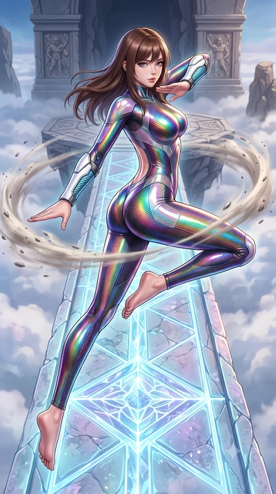 score_9, masterpiece, best quality, ultra-detailed, high-budget anime keyframe, semi-realistic 3D game render, editorial fashion photography, tasteful artistic composition, Korean woman. low angle full-body shot from head to toe showing her feet, fil