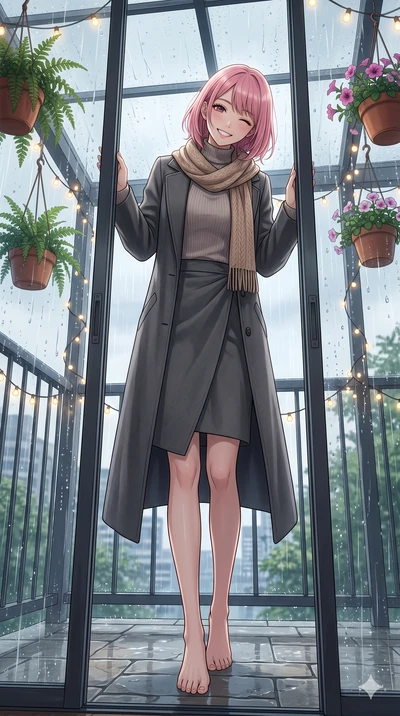 score_9, masterpiece, best quality, ultra-detailed, high-budget anime keyframe, vibrant anime aesthetic, Japanese woman. low angle full-body shot from head to toe showing her feet, filling the entire 9:16 vertical frame with her statuesque presence, 