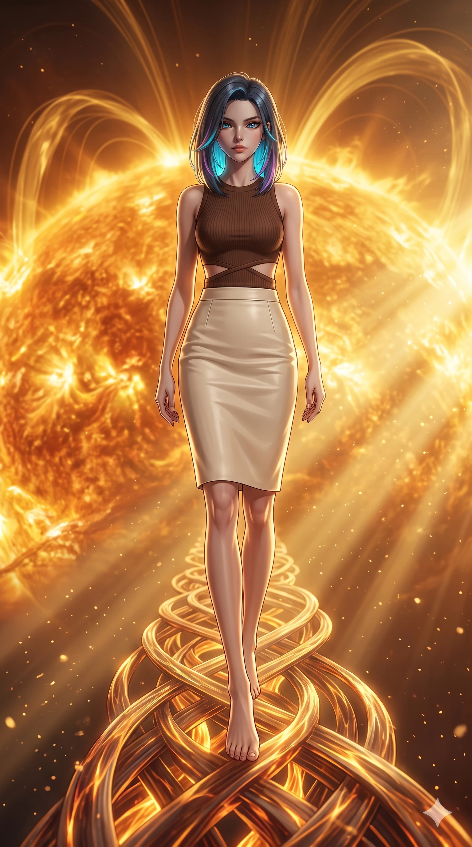score_9, masterpiece, best quality, ultra-detailed, high-budget anime keyframe, editorial fashion photography, tasteful artistic composition, Caucasian woman, strictly human ears. low angle full-body shot from head to toe showing her feet, filling the entire 9:16 vertical frame with her statuesque presence, stretching her vertical silhouette. stepping elegantly through a bridge made of solidified solar plasma stretching across the blazing corona of the sun with heat shimmer distorting the view and enormous magnetic field lines arcing overhead like golden ribbons. She has a statuesque 8.5-heads proportion, an exceptionally tall, slender and willowy model-like build with impossibly long legs and a highly sculpted ultra-slim waist. sharp v-shaped jawline, high-bridge nose, intricate jewel-like eyes with depth, thick eyelashes, glossy lips with a natural sheen. wearing a chocolate brown knit top with a subtle waist-cutout detailing, paired with a cream leather pencil skirt. golden hour sunlight streaming in warm shafts with floating dust particles catching the light. 2k, ultra detail, master piece, 9:16 ratio