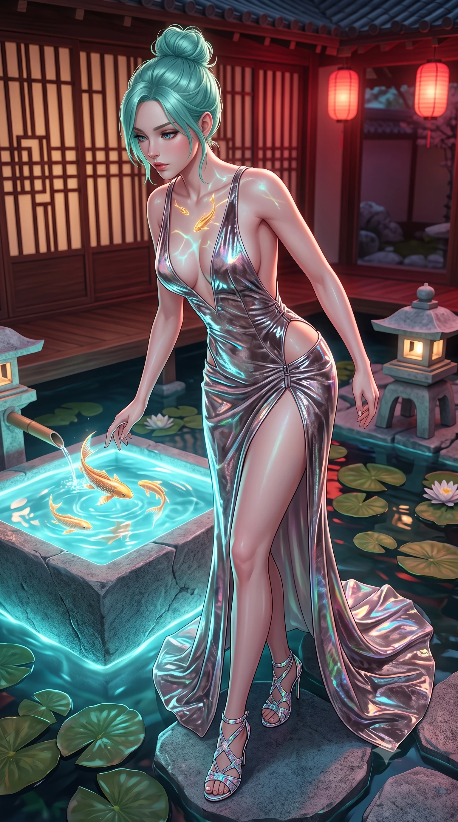 score_9, masterpiece, best quality, ultra-detailed, high-budget anime keyframe, semi-realistic 3D game render, editorial fashion photography, tasteful artistic composition, Japanese woman. low angle full-body shot from head to toe showing her feet, filling the entire 9:16 vertical frame with her statuesque presence, stretching her vertical silhouette. pivoting dynamically in mid-motion with a breathtakingly alluring posture, displaying her flawless model proportions and ultra-slim waist while leaning over a glowing water basin as golden digital fish ripple light across her clavicle and chest. The surrounding environment is rendered in vivid detail and crisp panoramic clarity. intricate wooden lattice patterns, floating water lily pads, and stone lanterns in crisp clarity. She has an absolutely perfect, statuesque 8.5-heads proportion, an exceptionally tall and slender model-like female figure with impossibly long slender legs and an ultra-slim waist. sharp v-shaped jawline, high-bridge nose, intricate jewel-like eyes with depth, thick eyelashes, glossy lips with a natural sheen, flawlessly proportioned anatomical accuracy, natural body alignment, perfectly sculpted elegant limbs, clean dynamic posture without body distortion. wearing a backless crushed velvet gown with a deep V-neckline, strategic hip cutouts, and an ultra-high thigh slit in translucent smoky quartz and iridescent holographic sheen, formed from high-gloss patent material with specular light reflections, finished with an ultra-high side slit secured by miniature magnetic clasps, the daring cutouts accentuating her delicate midriff, graceful collarbones, and feminine contour. bathed in warm crimson lantern glow and cool cyan holographic koi refractions. highly saturated vibrant anime colors, detailed shading with soft gradients, rich glossy textures, high-contrast stereoscopic depth, volumetric dynamic lighting, master piece, 9:16 ratio