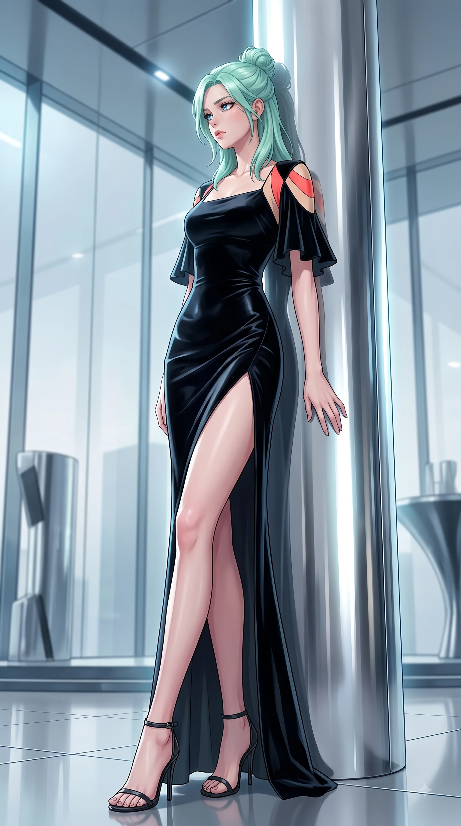 score_9, masterpiece, best quality, ultra-detailed, high-budget anime keyframe, editorial fashion photography, tasteful artistic composition, Japanese woman. low angle full-body shot from head to toe showing her feet, filling the entire 9:16 vertical frame with her statuesque presence, stretching her vertical silhouette. Subtle lingering regret in her eyes, looking back over her shoulder with an emotional, reluctant glance while resting against a polished chrome pillar framing her sleek fashion contour. The surrounding environment is rendered in vivid detail and crisp panoramic clarity. sleek minimalist interior design captured with high-contrast environmental precision. She has an absolutely perfect, statuesque 8.5-heads proportion, an exceptionally tall and slender model-like female figure with impossibly long slender legs and an ultra-slim waist. sharp v-shaped jawline, high-bridge nose, intricate jewel-like eyes with depth, thick eyelashes, glossy lips with a natural sheen, flawlessly proportioned anatomical accuracy, natural body alignment, perfectly sculpted elegant limbs, clean dynamic posture without body distortion. wearing a dramatic black velvet evening gown with a high leg slit and subtle shoulder cutouts in vibrant coral red and soft beige, made of premium stretch velvet with a rich glossy sheen, featuring elegant flutter sleeves and a graceful square neckline, the sleek second-skin fit accentuating her magnetic presence. illuminated by polished specular highlights and cool futuristic rim lighting. highly saturated vibrant anime colors, detailed shading with soft gradients, rich glossy textures, high-contrast stereoscopic depth, volumetric dynamic lighting, master piece, 9:16 ratio