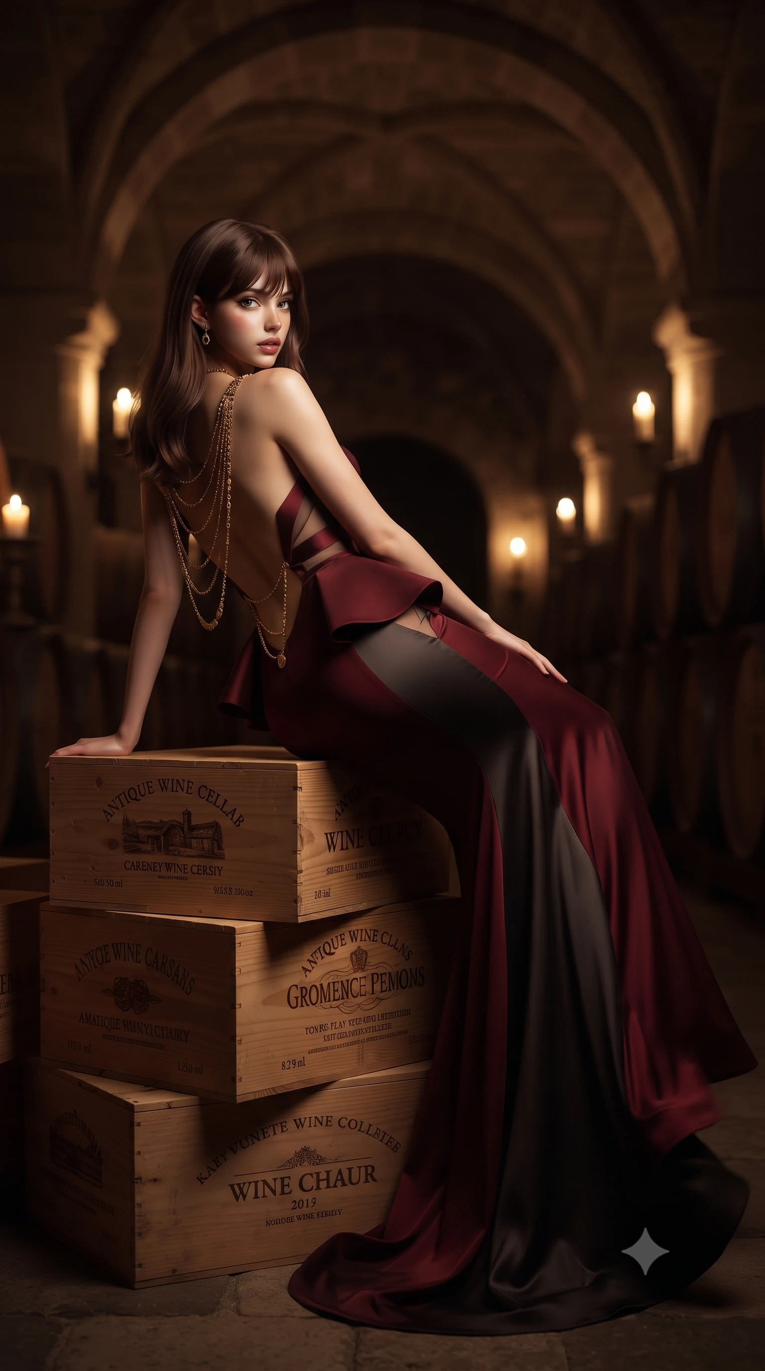 score_9, masterpiece, best quality, ultra-detailed, high-budget anime keyframe, editorial fashion photography, tasteful artistic composition, Korean woman. low angle full-body shot from head to toe showing her feet, filling the entire 9:16 vertical frame with her statuesque presence, stretching her vertical silhouette. executing an elegant mid-motion pivot turn as garments swirl around her slender limbs, glancing over her shoulder with an intoxicating bedroom-gaze while reclining languidly atop stacked antique wine crates propped on one elbow, her curvy hips and long slender legs creating a breathtaking line in the candlelit cellar. The composition keeps background elements in soft focus with creamy bokeh. towering carved limestone vaults and heavy oak cask silhouettes softened in atmospheric shallow focus. She has an absolutely perfect, statuesque 8.5-heads proportion, an exceptionally tall and slender model-like female figure with impossibly long slender legs, a toned flat midriff, an ultra-slim waist, and beautifully sculpted feminine hips. sharp v-shaped jawline, high-bridge nose, intricate jewel-like eyes with depth, thick eyelashes, glossy parted lips with a natural sheen, intensely captivating and seductive bedroom-eyes expression, flawlessly proportioned anatomical accuracy, strict slender model proportions, natural body alignment, perfectly sculpted long slender limbs, ultra-slim waistline, clean dynamic posture without body distortion. wearing a structural geometric peplum gown with sheer side-ribbon cutouts and form-fitting skirt in rich Cabernet wine red and dark smoky charcoal, tailored from liquid silk jersey adhering flawlessly to her slender build, accented with a multi-strand gold coin back chain cascading down her bare spine to her hips, the precision-cut side openings and low-back scoop framing her graceful spine and the sensual sweep of her hips. illuminated by rich specular rim lights defining her razor-sharp jawline, narrow waist, and curvy hips. ultra-reflective glossy finish, specular highlights, rich textural contrasts, high-contrast stereoscopic depth, volumetric dynamic lighting, 2k, ultra detail, master piece, 9:16 ratio