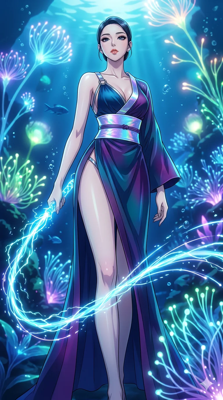 score_9, masterpiece, best quality, ultra-detailed, High-budget Anime Keyframe, vibrant colors, fluid line-art, expressive lighting, cinematic composition, Ufotable-style visual effects, top-tier animation quality, Korean woman with idol-like refined features. Low angle cowboy shot filling the entire 9:16 frame with her statuesque presence, looking up to emphasize her height. Wielding a glowing vine whip that crackles with bioluminescent energy, devoid of thorns. She has an absolutely perfect 8-heads proportion, an exceptionally tall and slender female figure with impossibly long slender legs and an ultra-slim waist, her statuesque height and towering silhouette dominating the vertical 9:16 frame. Her face is a masterpiece featuring a sharp v-shaped jawline, high-bridge nose, intricate jewel-like eyes with depth, thick eyelashes, and glossy lips with a natural sheen. She is wearing a High-slit tech-kimono with a holographic obi and deep-plunging silk hanbok-fusion with metallic straps.. The scene is set in an underwater Eden where the plants are made of light and fiber-optics. 2k, ultra detail, master piece, 9:16 ratio