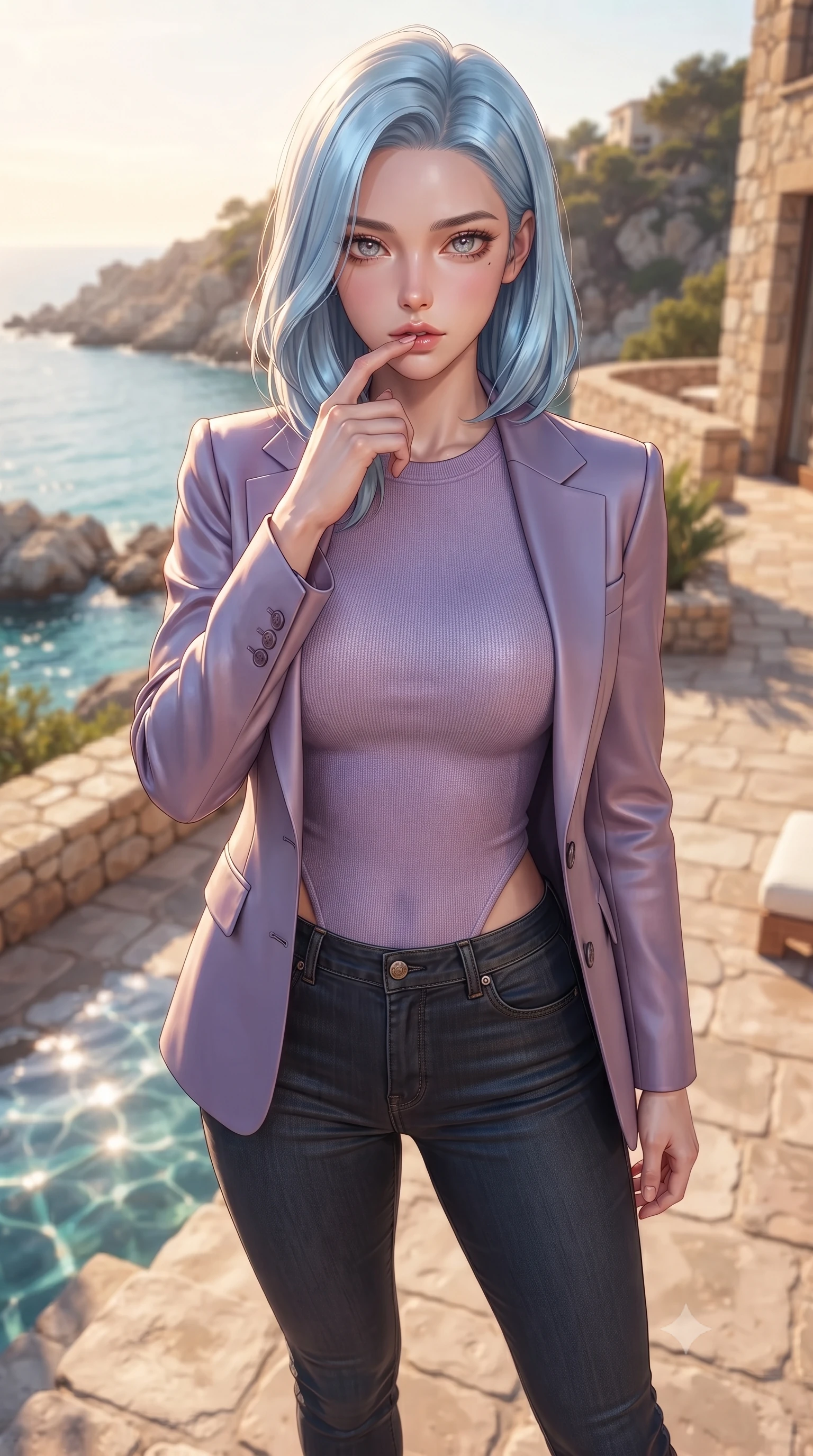 score_9, masterpiece, best quality, ultra-detailed, high-budget anime keyframe, editorial fashion photography, tasteful artistic composition, Korean woman woman. close-up cowboy shot from the waist and thighs up, the character dominates the composition, filling the frame with her large presence, background elements kept in soft focus. pressing one finger to her bottom lip in a thoughtful, seductive gesture under the warm sun the background shows a soft-focus a stone terrace of a coastal villa overlooking a rocky bay with turquoise water. She has an exceptionally elegant, slender, and willowy female figure with an ultra-slim waist, a gracefully sculpted slender torso, and a refined silhouette. sharp v-shaped jawline, high-bridge nose, intricate jewel-like eyes with depth, thick eyelashes, glossy lips with a natural sheen. wearing a tailored tight-fitting lavender knit bodysuit worn under a tailored open blazer and jeans. warm afternoon sunbeams reflecting off the ocean surface onto the terrace. ultra-reflective glossy finish, specular highlights, metallic sheen, high-contrast stereoscopic depth, volumetric dynamic lighting, 2k, ultra detail, master piece, 9:16 ratio