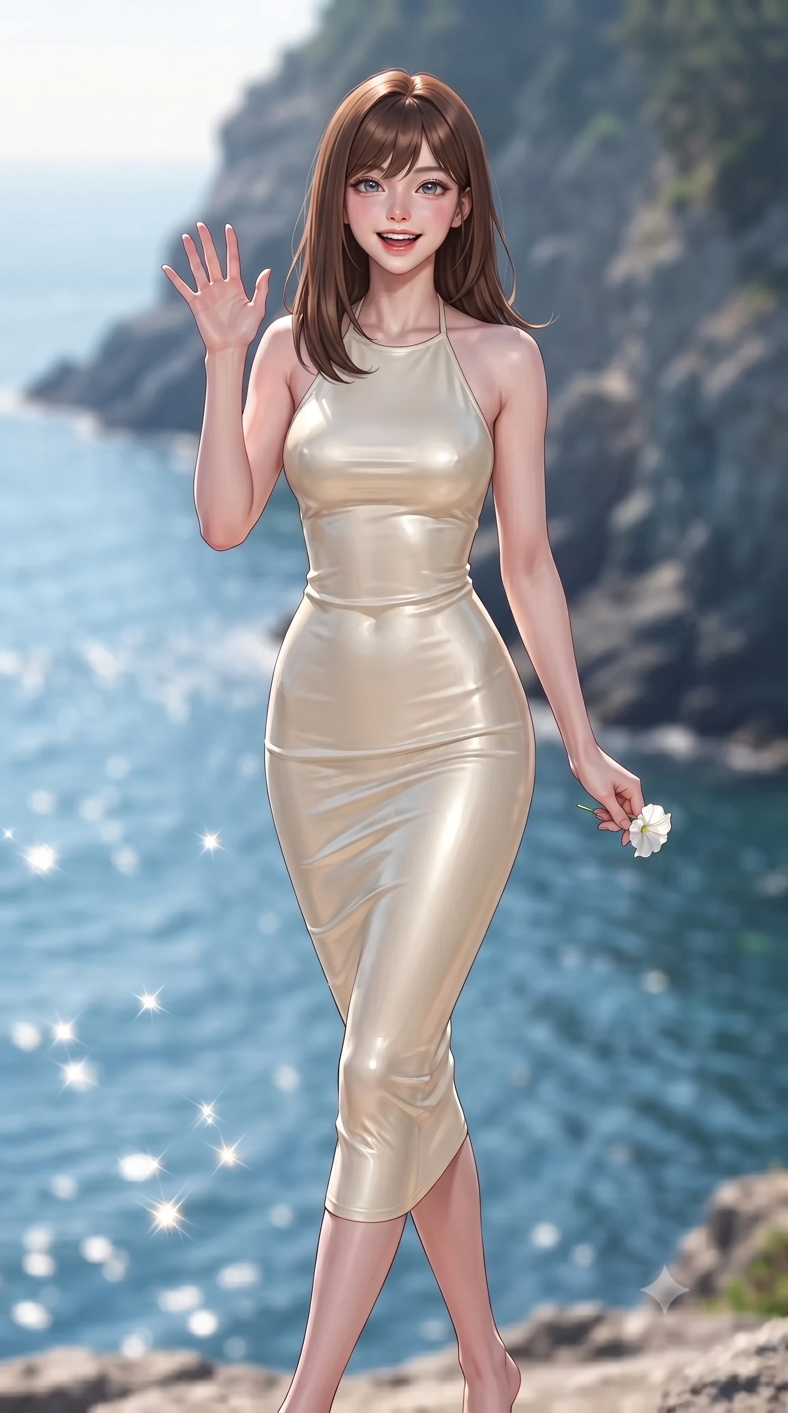 score_9, masterpiece, best quality, ultra-detailed, high-budget anime keyframe, editorial fashion photography, tasteful artistic composition, Korean woman. low angle full-body shot from head to toe showing her feet, filling the entire 9:16 vertical frame with her statuesque presence, stretching her vertical silhouette. stepping forward with a bright, cheerful smile, waving happily at the viewer set against a soft-focus background of on a rocky coastal cliff lookout with views of the vast blue ocean holding a small white flower from a beach vine with a lovely smile. She has an absolutely perfect, statuesque 8.5-heads proportion, an exceptionally tall and slender model-like female figure with impossibly long slender legs and an ultra-slim waist. sharp v-shaped jawline, high-bridge nose, intricate jewel-like eyes with depth, thick eyelashes, glossy lips with a natural sheen. wearing slim-fit sleek, tight-fitting knit halter dress in cream, tracing her slender silhouette. bright morning sun rays creating sparkling glints on the blue sea water. ultra-reflective glossy finish, specular highlights, metallic sheen, high-contrast stereoscopic depth, volumetric dynamic lighting, 2k, ultra detail, master piece, 9:16 ratio
